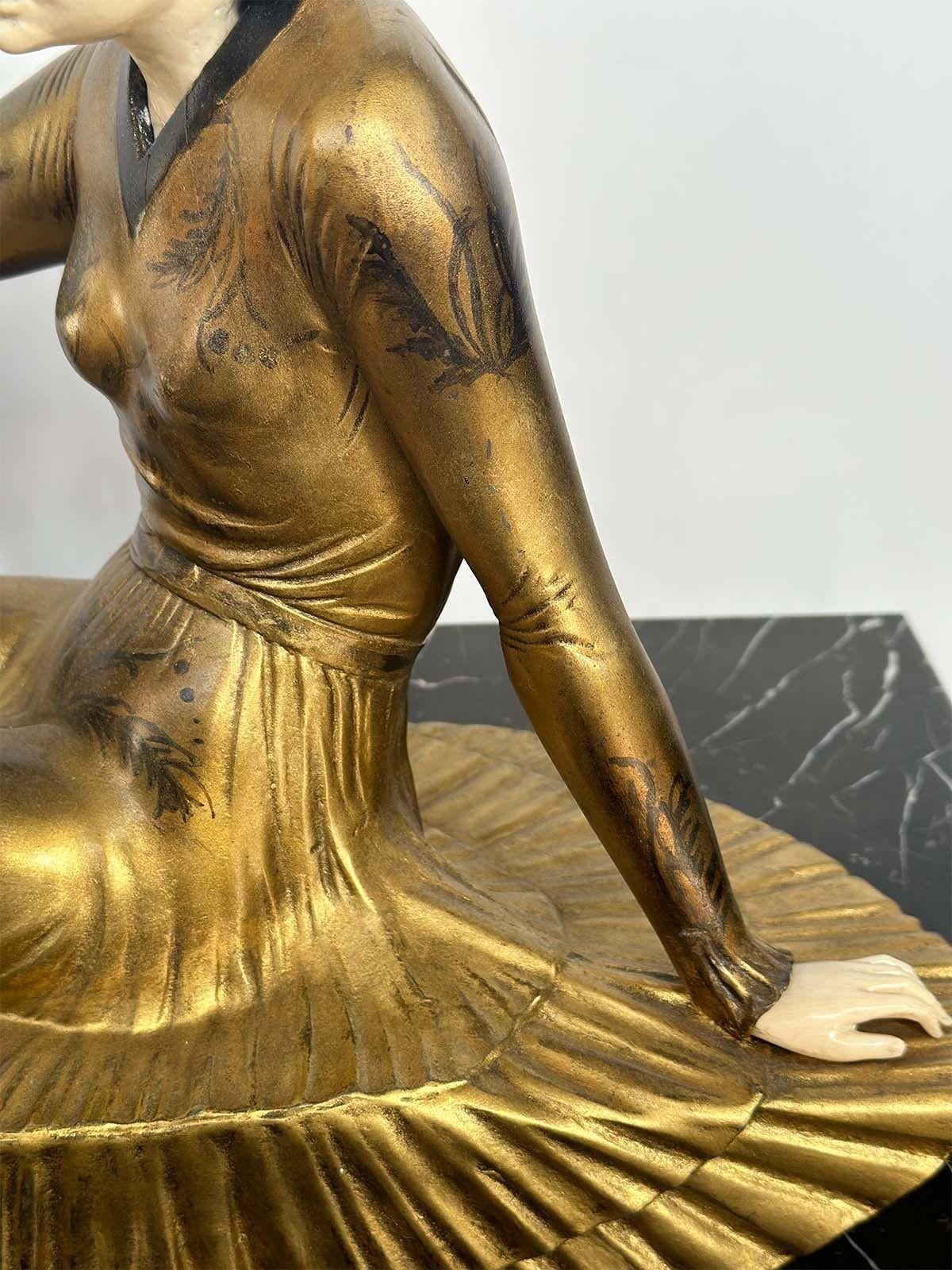 Art Deco Bronze Patina & Marble Sculpture of Women & Dog by Cham, c. 1920's In Good Condition For Sale In Los Angeles, CA