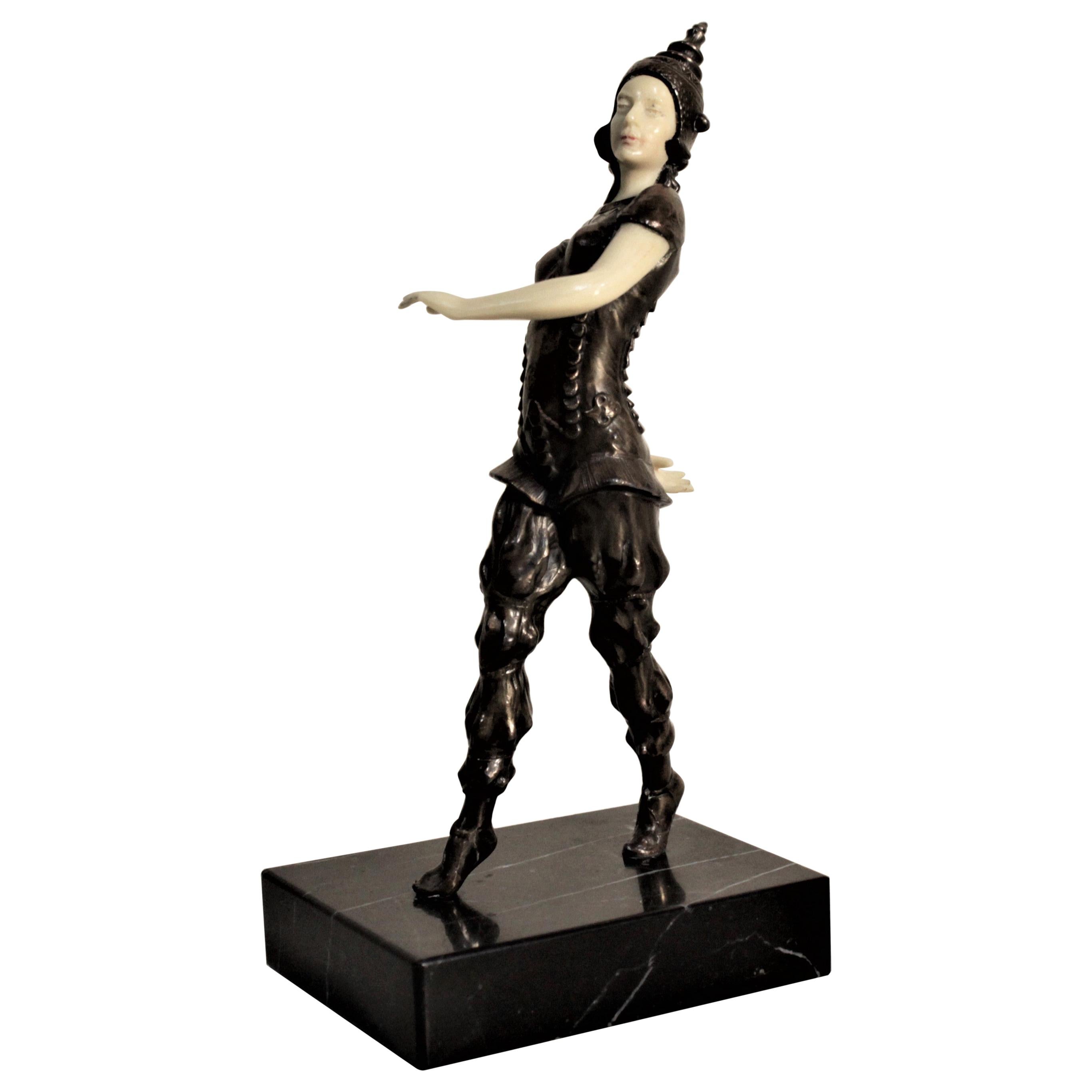 Art Deco Bronze Patinated Cast Metal Thai Dancer Statue or Figurine For Sale