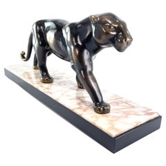 ART DECO bronze patinated, metal panther, sculpture with marble base1930s