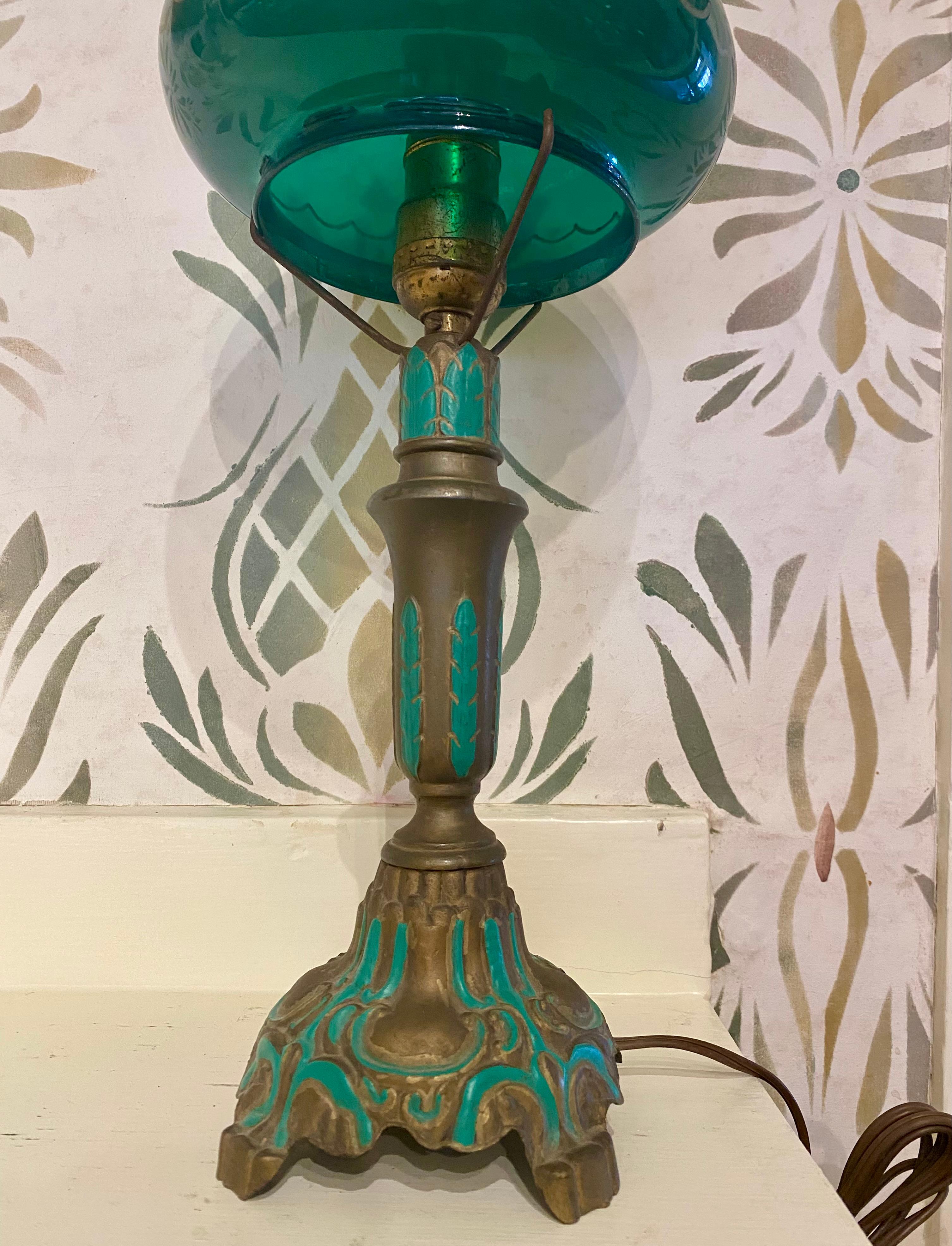 Art Deco Bronze Patinated Lamp with Emeralite Glass Shade, circa 1920, having a flattened spheroid 