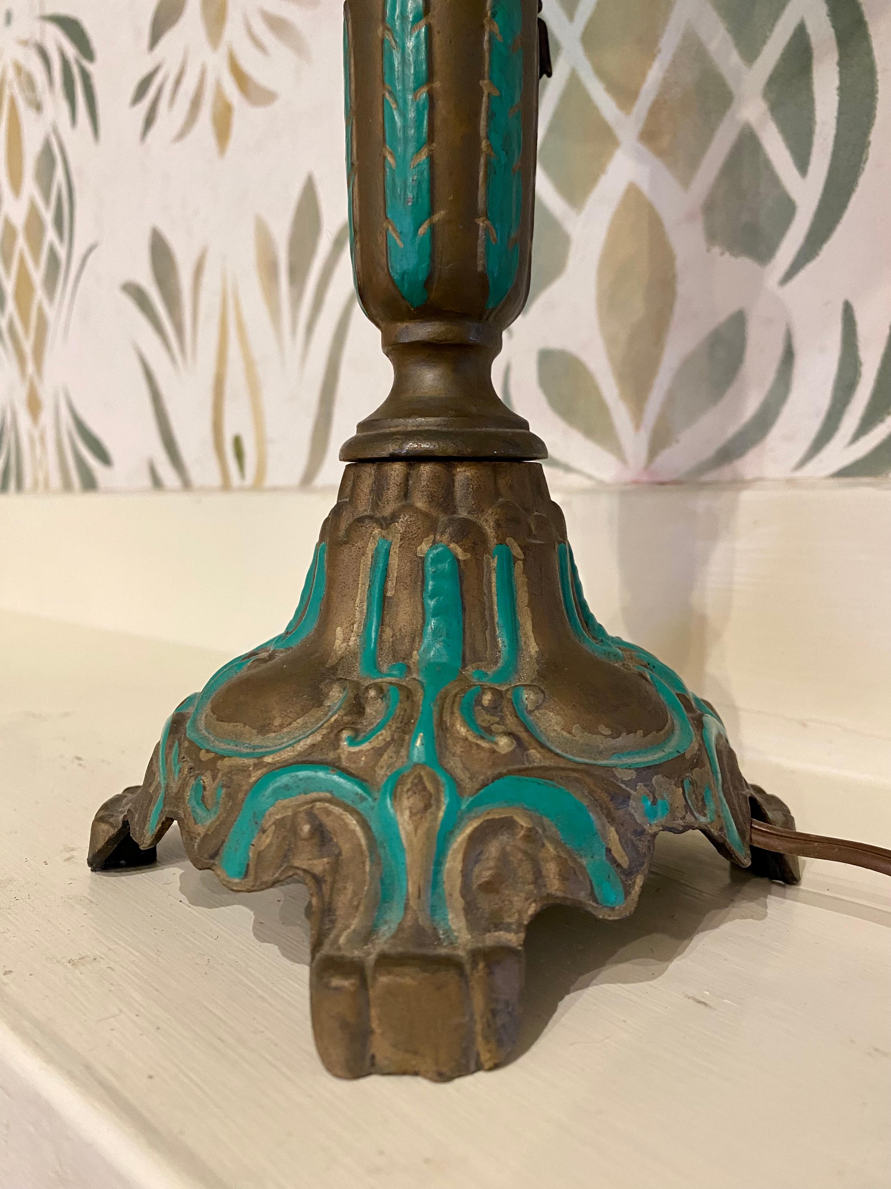 Art Deco Bronze Patinated Table Lamp with Emeralite Shade, circa 1920s In Good Condition For Sale In Nantucket, MA