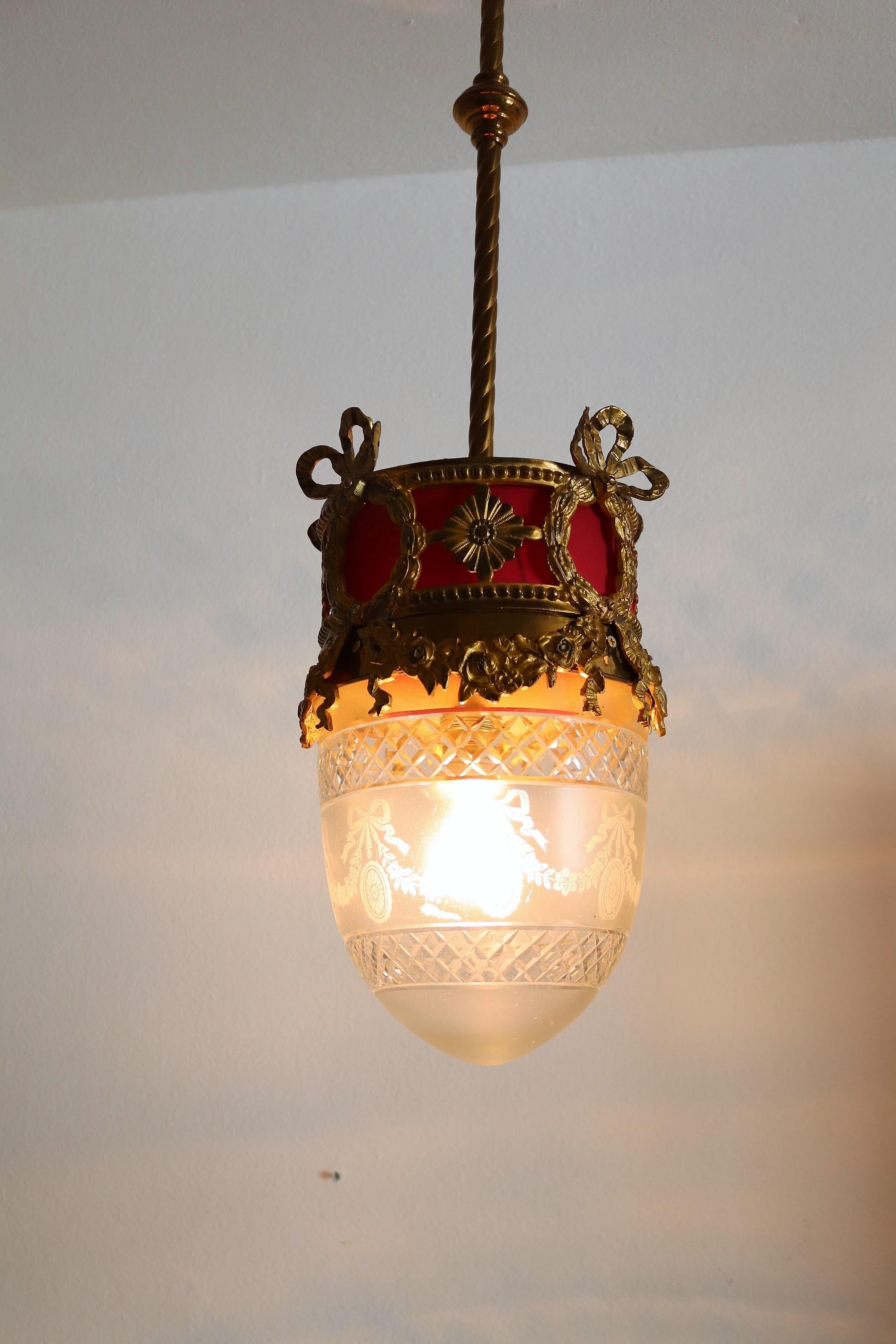 Italian Art Deco Bronze Lantern or Pendant Light, 1950s 4