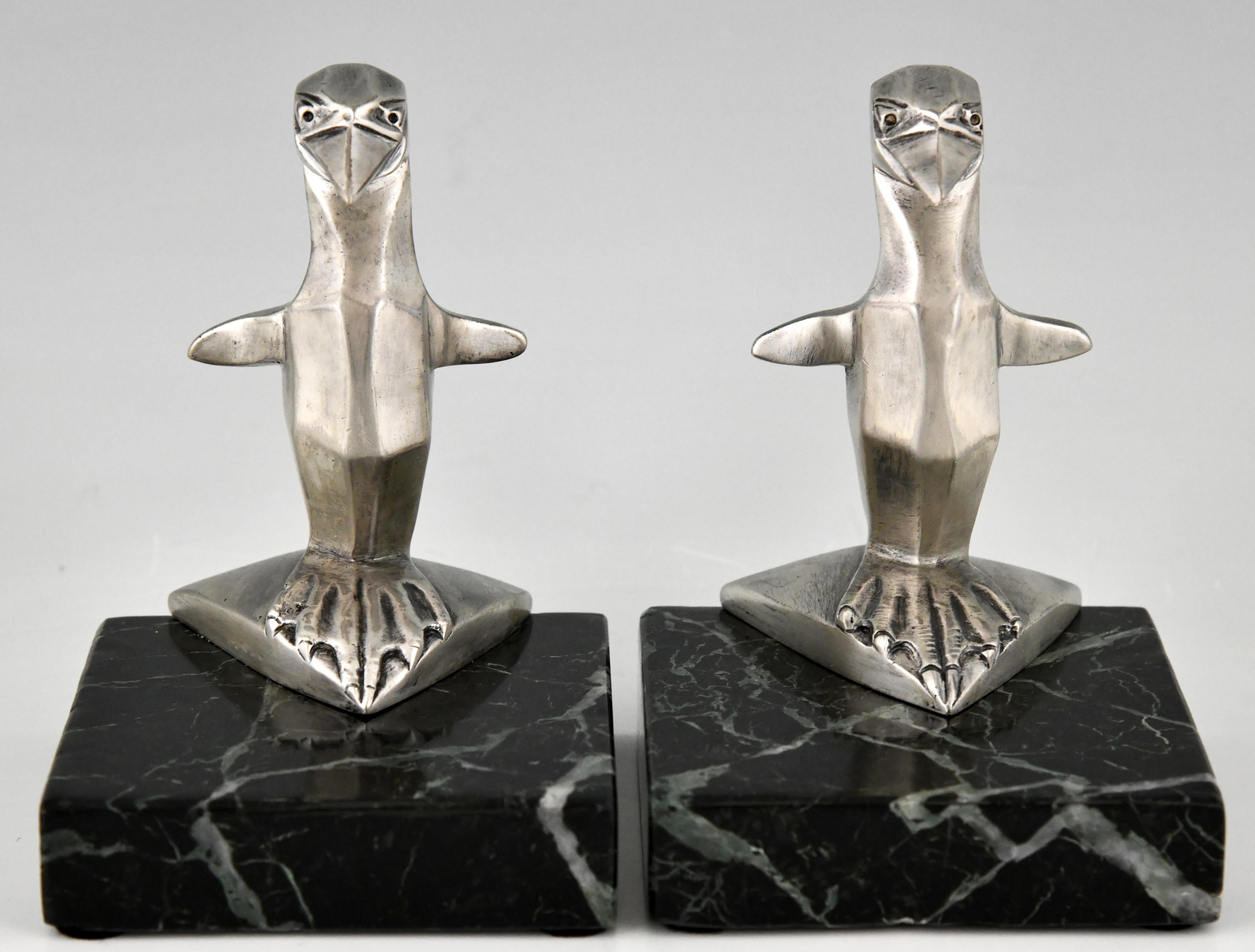 Silvered Art Deco bronze penguin bookends Gaston H Bourcart France 1930