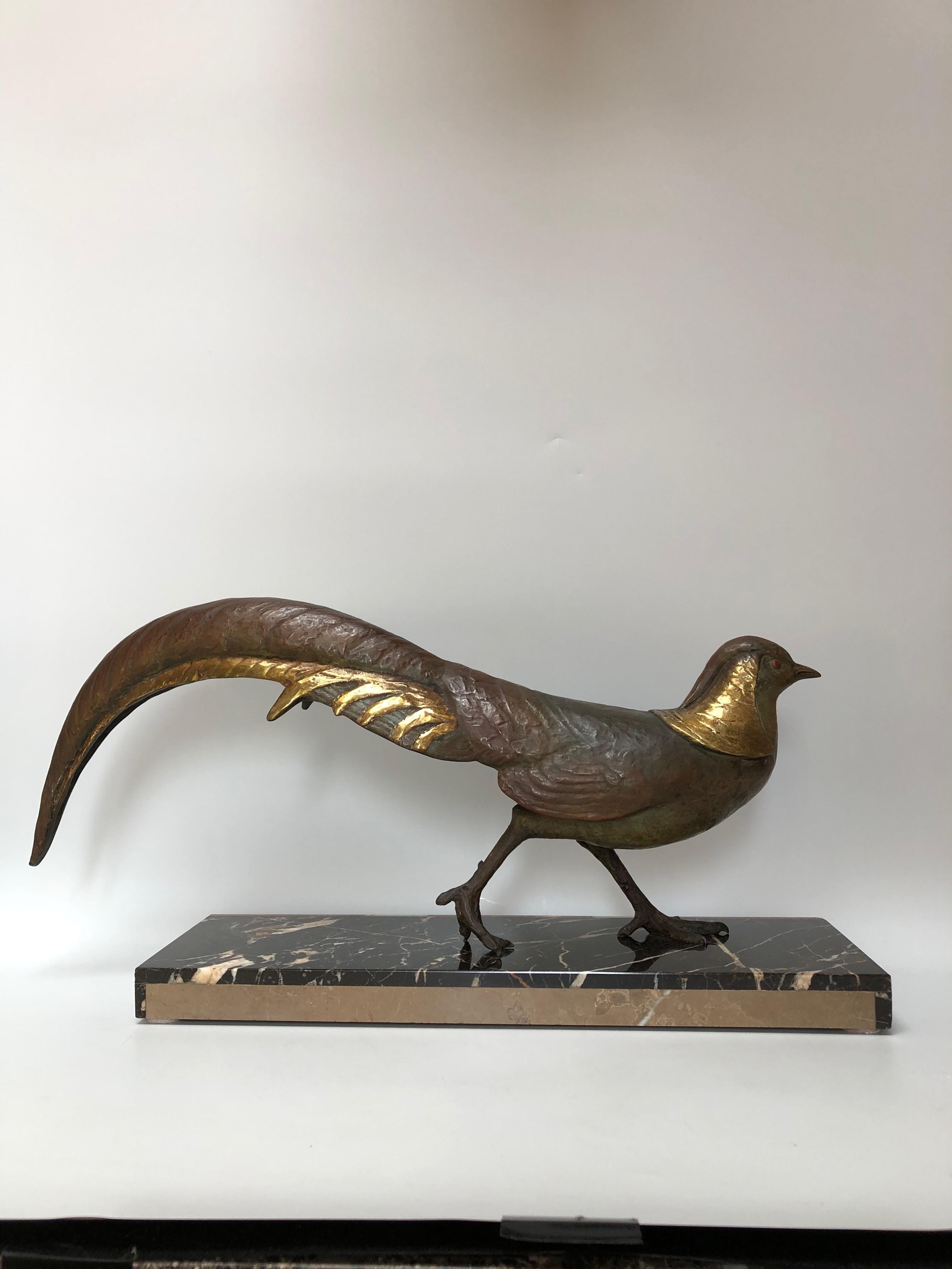 Art Deco Bronze Pheasant Signed L. Carvin In Excellent Condition For Sale In NANTES, FR