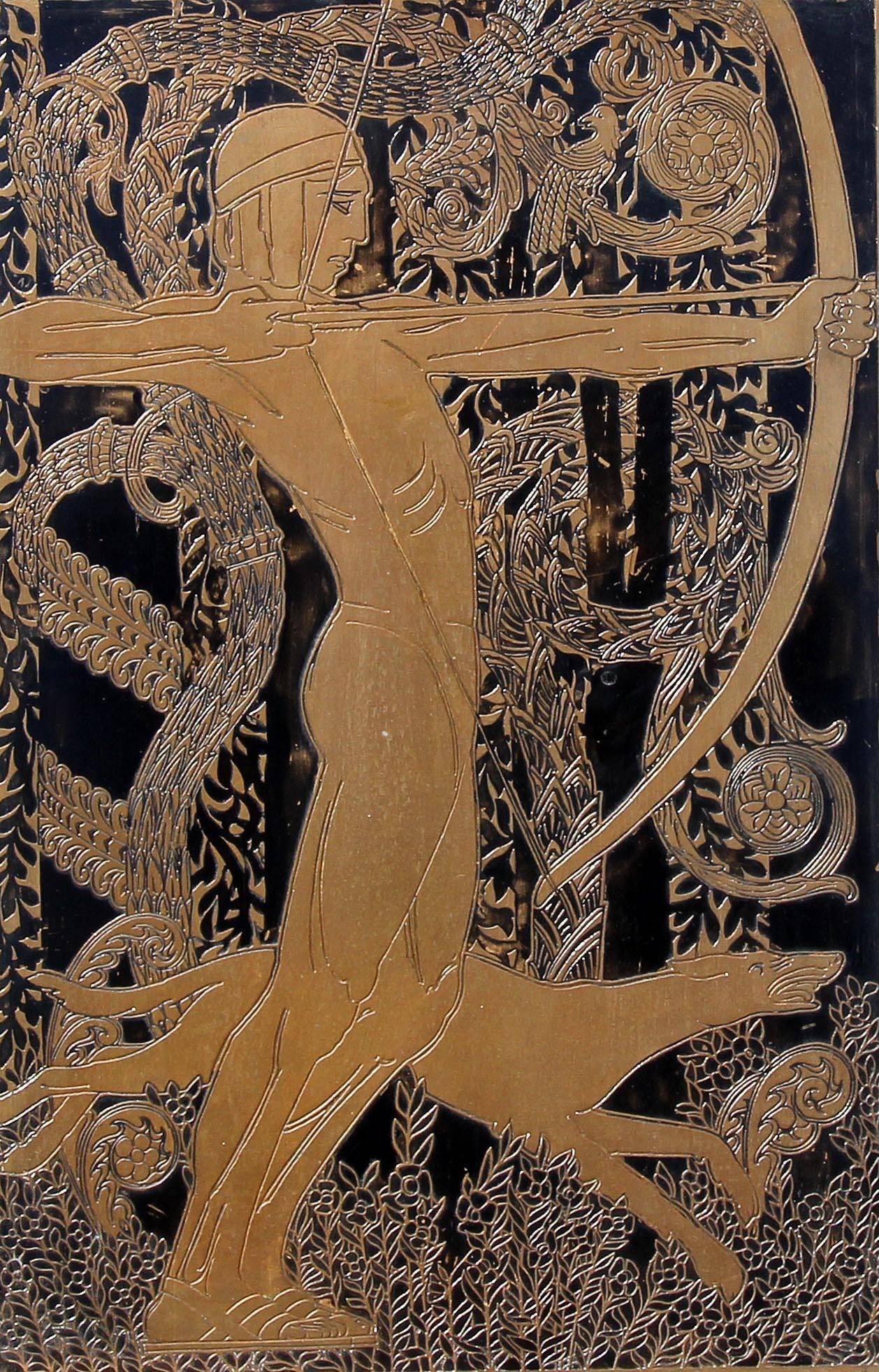 Engraved Art Deco Bronze Plaques of Mythological Archers