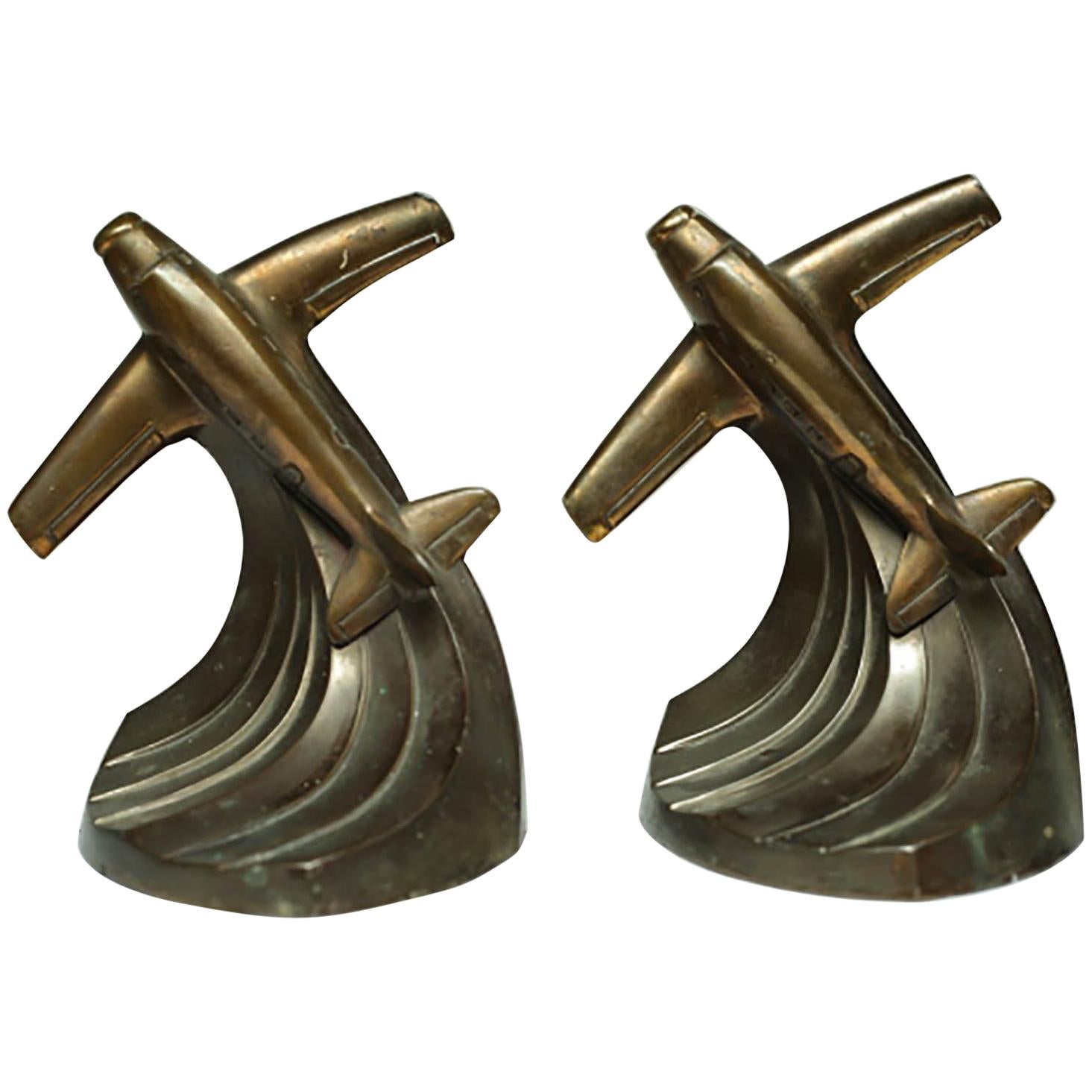 Art Deco Bronze-Plated Airplane Bookends, circa 1930s