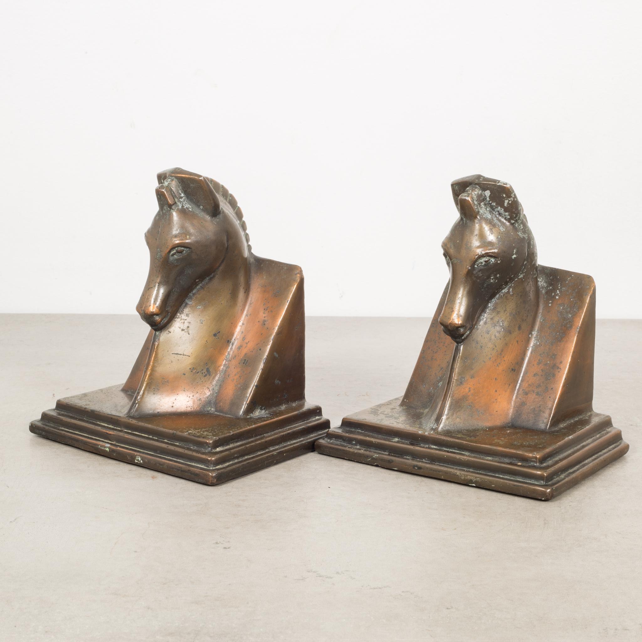 About:

This is a pair of Art Deco bronze-plated horse bookends with the original felt on the bottom. Both bookends are in good condition and have retained their bronze finish and have the appropriate patina consistent with age and