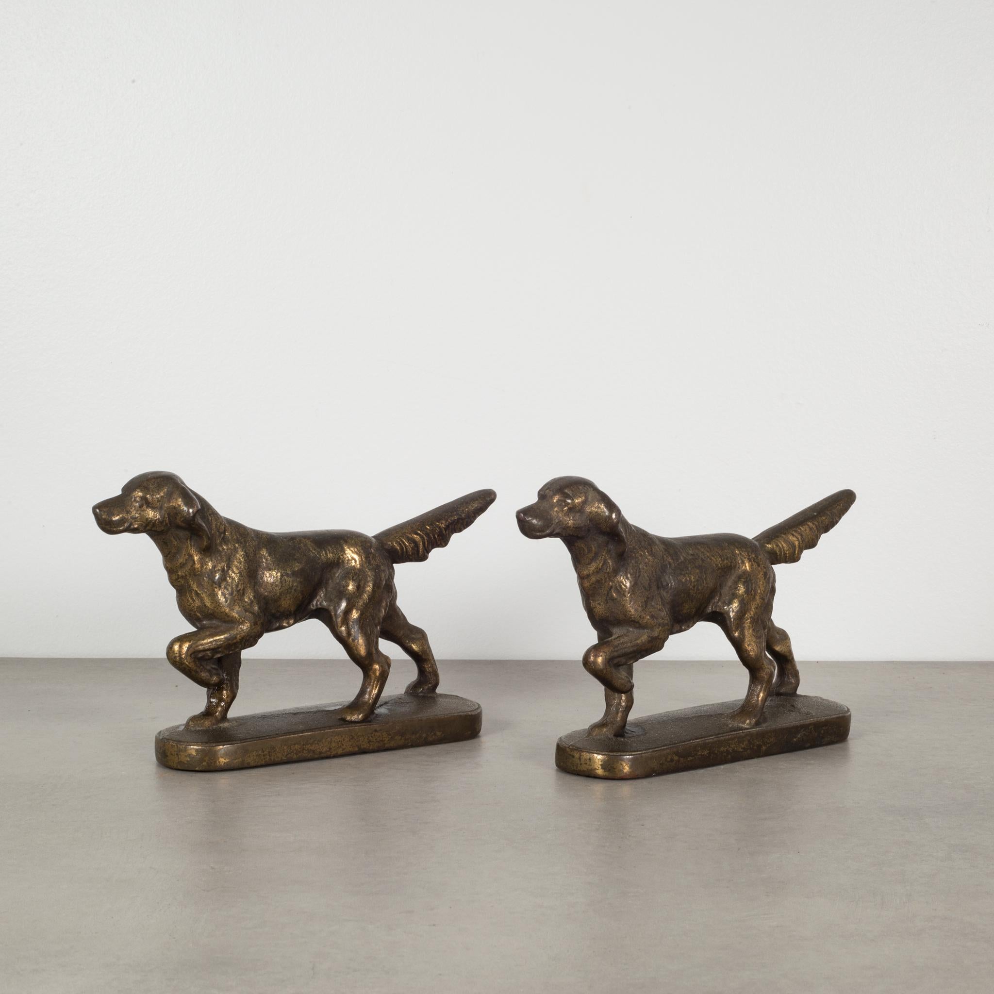 About

This is a pair of original bronze-plated solid steel bookends of pointer dogs. The style is similar to Hubley bookends from the same period. Both bookends are in good condition and have retained some of their bronze finish and have the