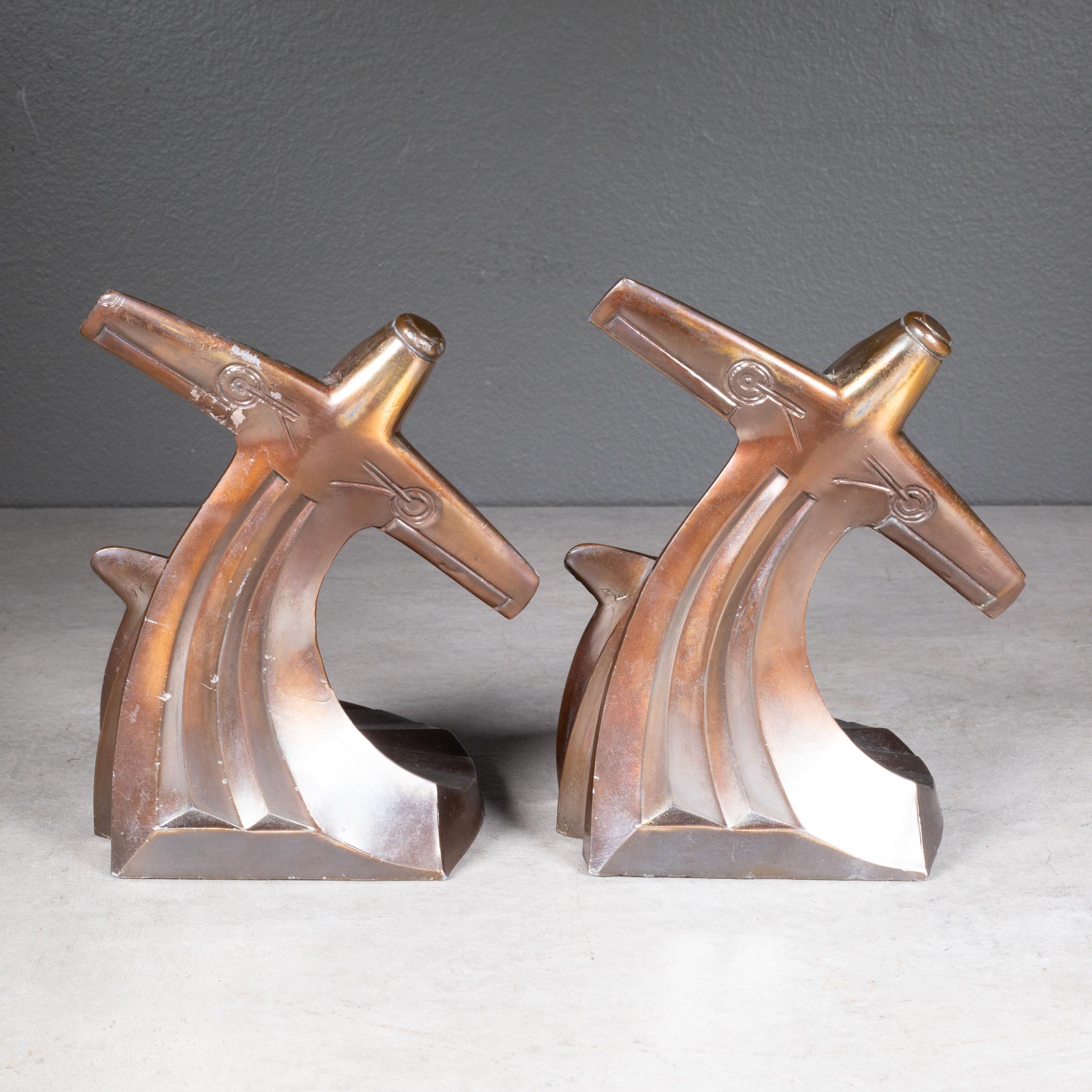 20th Century Art Deco Bronze Plated Soaring Airplane Bookends, circa 1930