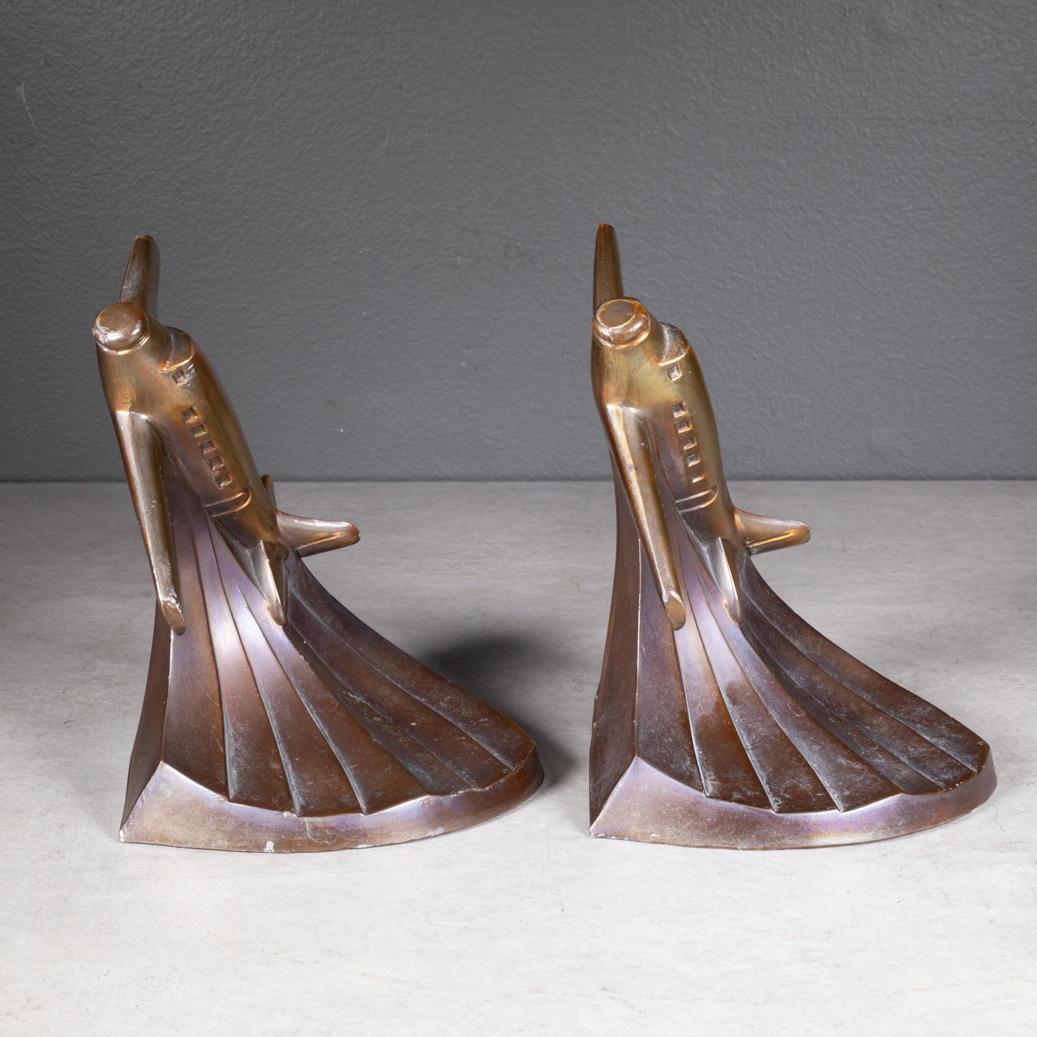 Art Deco Bronze Plated Soaring Airplane Bookends, circa 1930 1