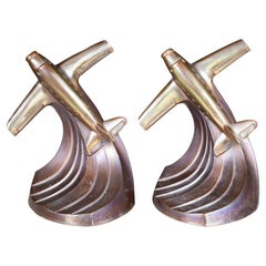 Art Deco Bronze Plated Soaring Airplane Bookends, circa 1930