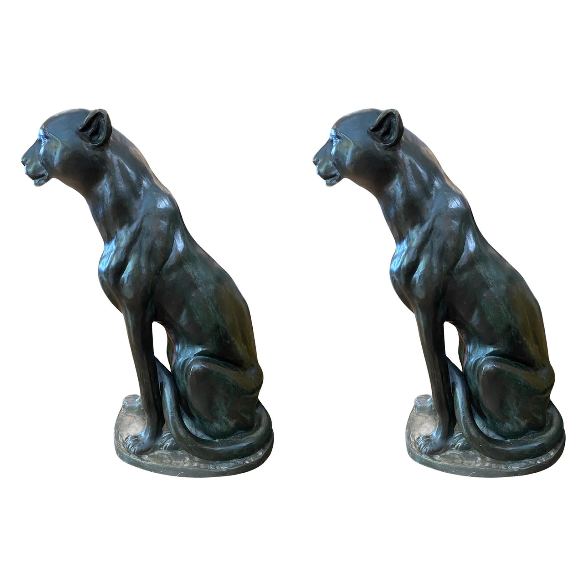 Art Deco Bronze Puma Animal Pair of Sculpture Statue Decorative