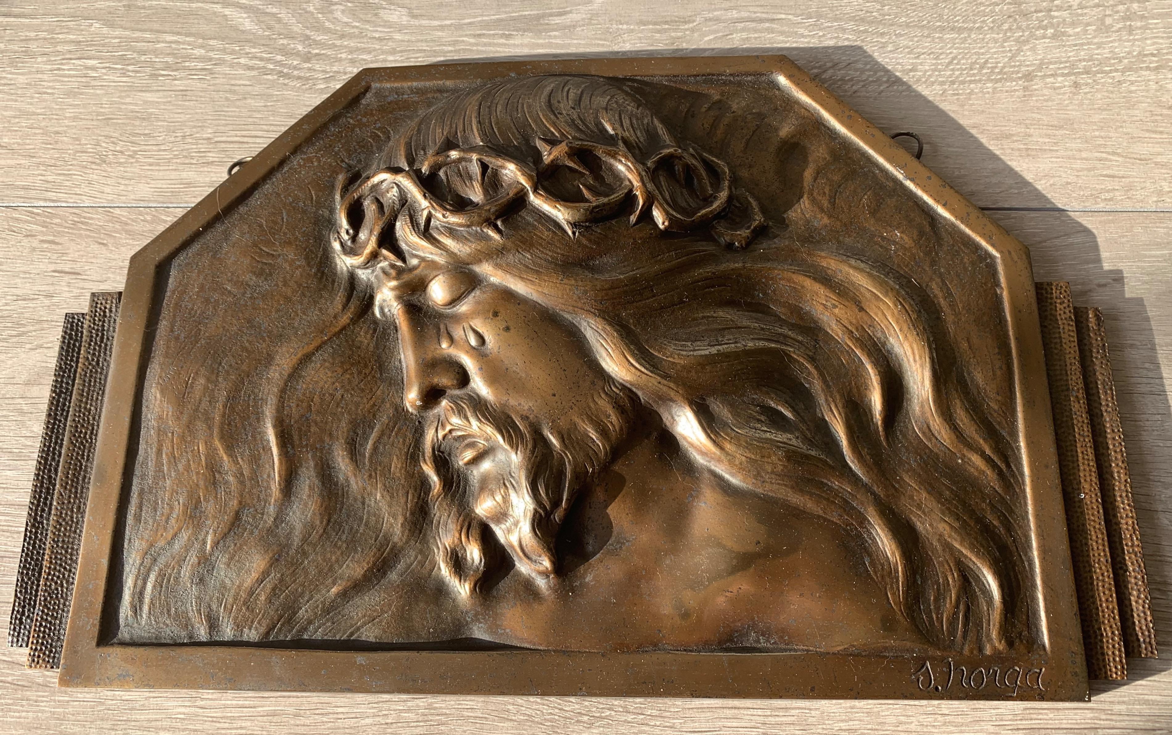 Religiöse Art-Déco-Wandtafel aus Bronze in Relief, die das Gebet Christi darstellt im Angebot 12