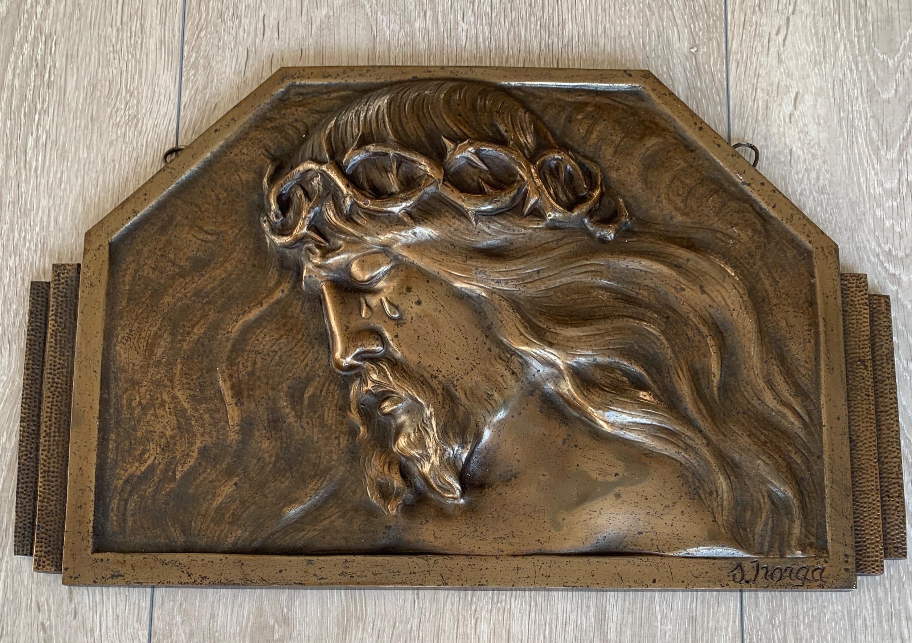 Early 20th Century Art Deco Bronze Religious Art Wall Plaque in Relief Depicts Suffering of Christ For Sale
