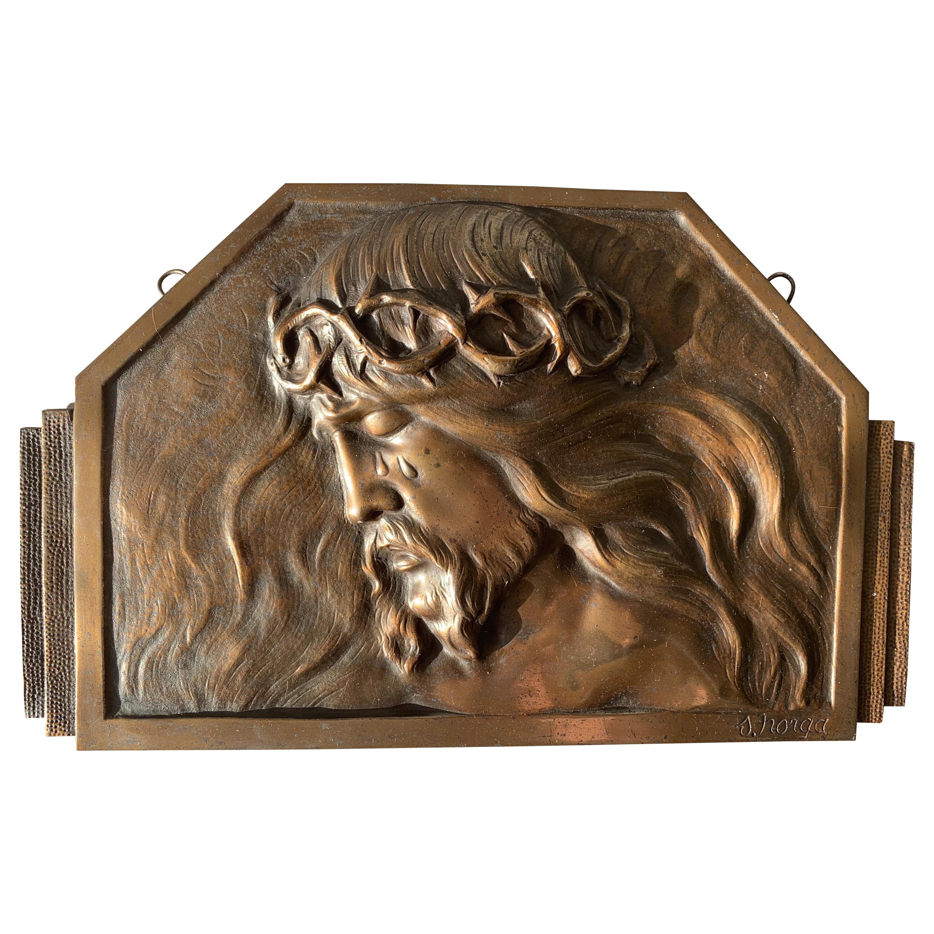 Art Deco Bronze Religious Art Wall Plaque in Relief Depicts Suffering of Christ