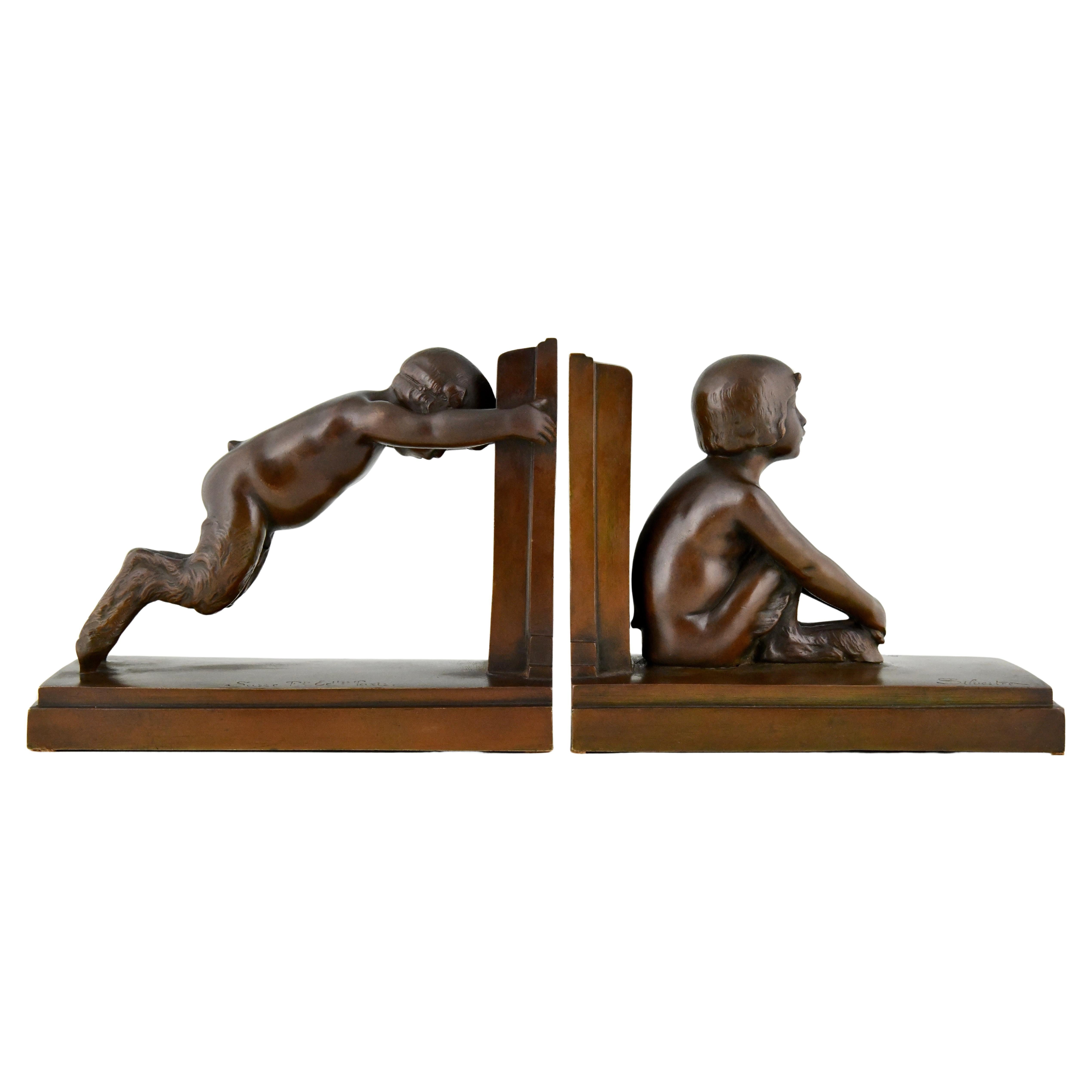 Art Deco bronze satyr bookends SIT & PUSH by Paul Silvestre, Susse Frères 1920 For Sale