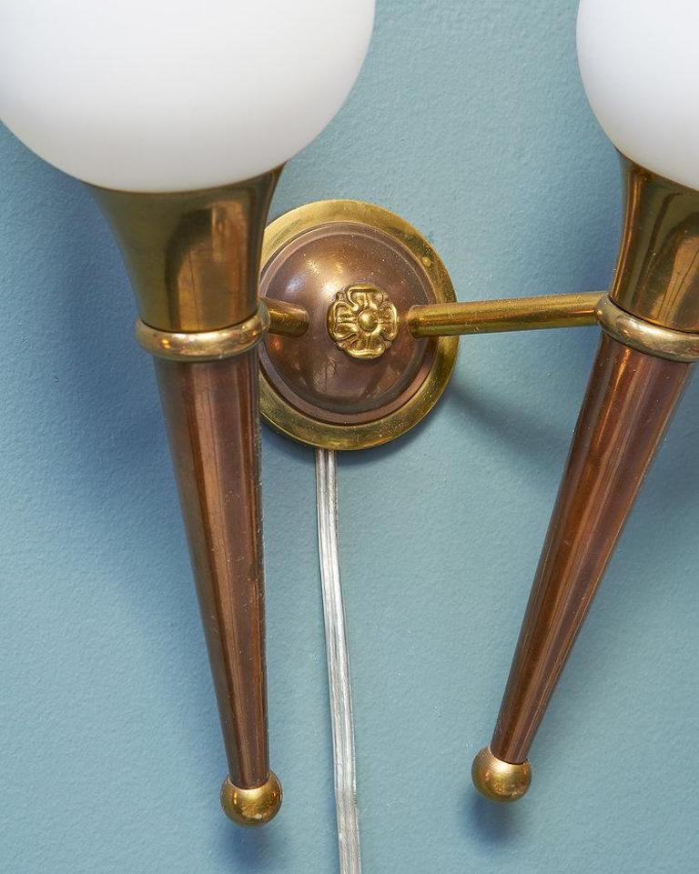 Mid-20th Century Art Deco Bronze Sconces with Frosted Glass Shades, France