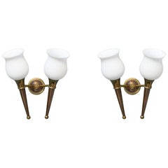 Art Deco Bronze Sconces with Frosted Glass Shades, France