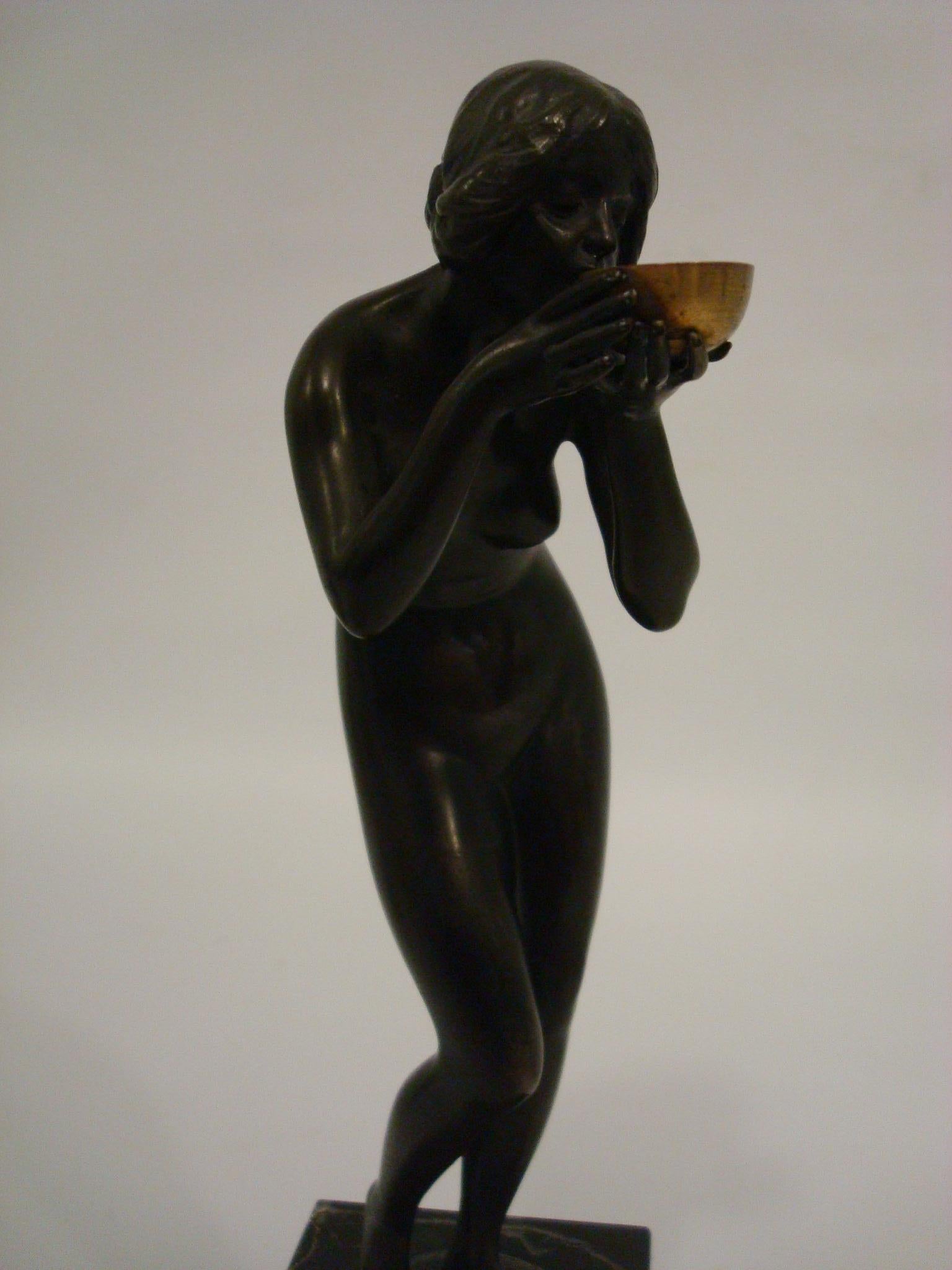 Art Deco Bronze Sculpture a Nude Lady Drinking from a Cup Victor Heinri Seifert  4