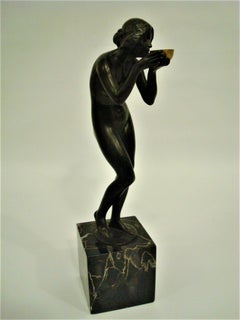Art Deco Bronze Sculpture a Nude Lady Drinking from a Cup Victor Heinri Seifert