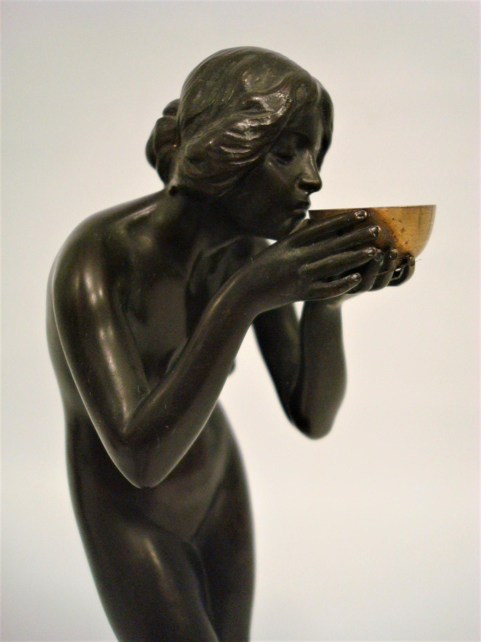 Art Nouveau Art Deco Bronze Sculpture a Nude Lady Drinking from a Cup Victor Heinri Seifert 