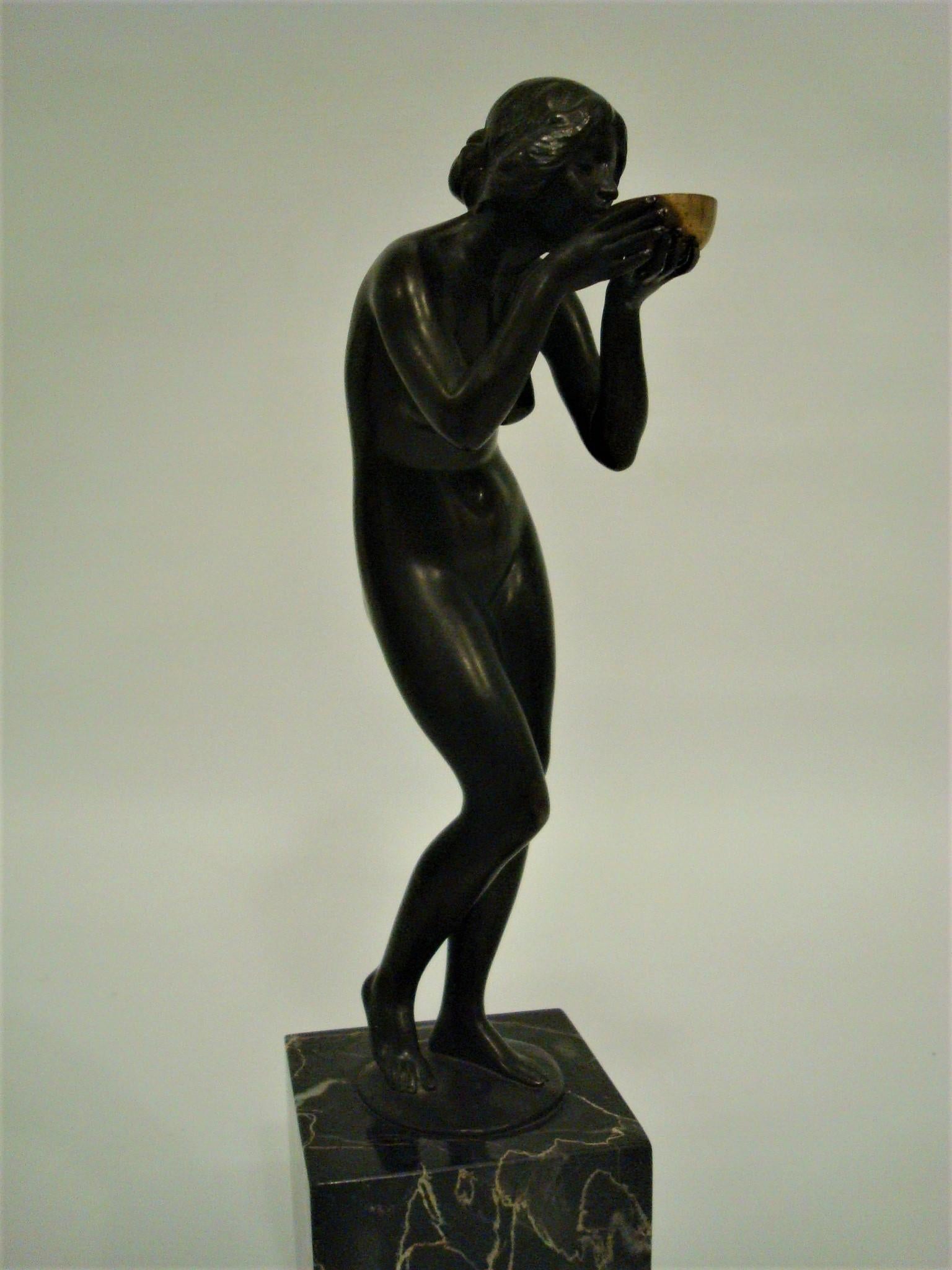 Austrian Art Deco Bronze Sculpture a Nude Lady Drinking from a Cup Victor Heinri Seifert 
