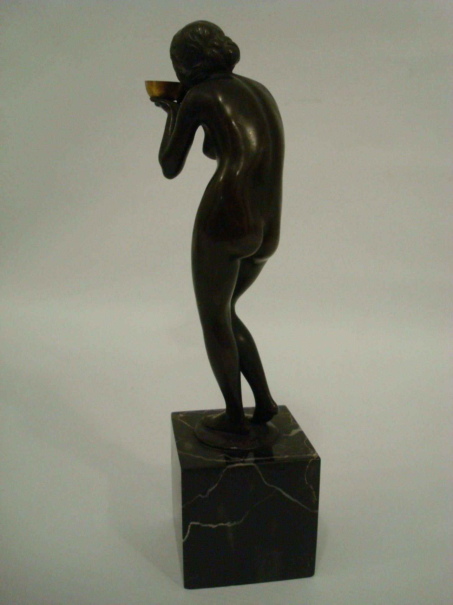 Art Deco Bronze Sculpture a Nude Lady Drinking from a Cup Victor Heinri Seifert  1