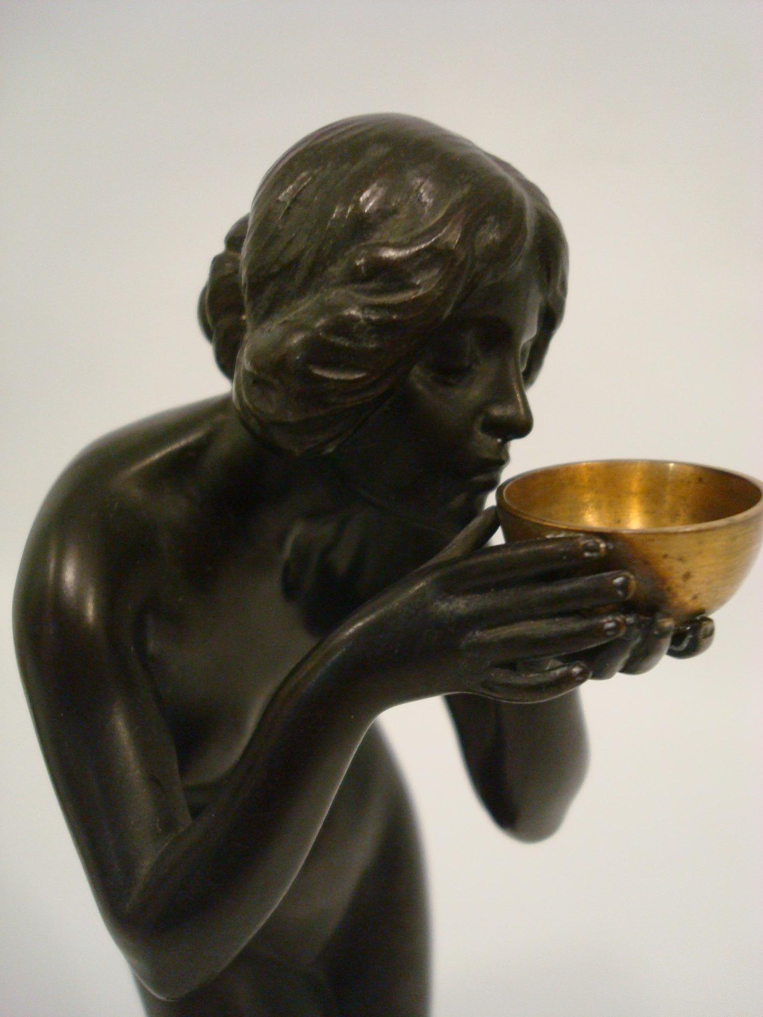 Art Deco Bronze Sculpture a Nude Lady Drinking from a Cup Victor Heinri Seifert  3