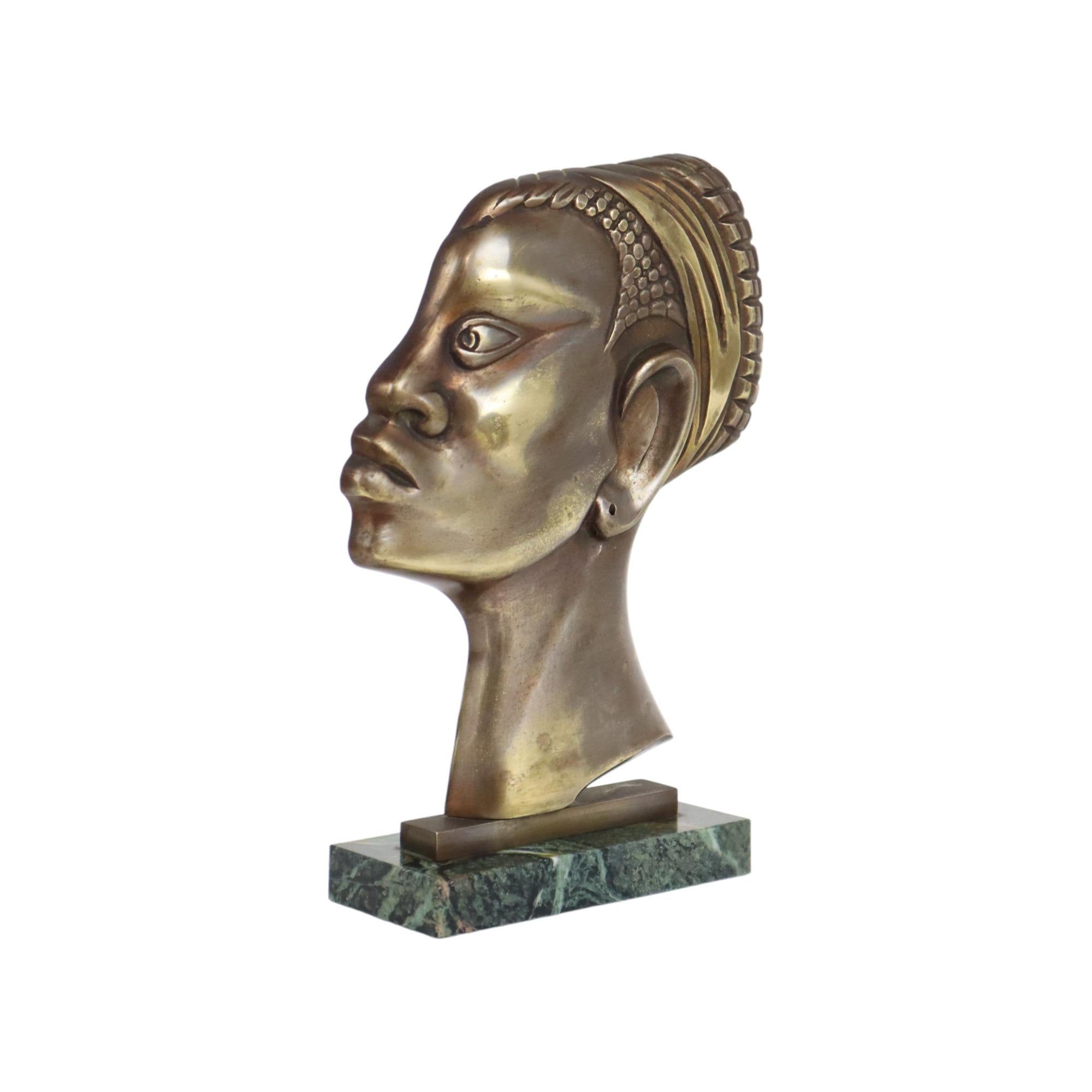 Mid-20th Century Art Deco Bronze Sculpture African Woman Green Marble Hagenauer For Sale