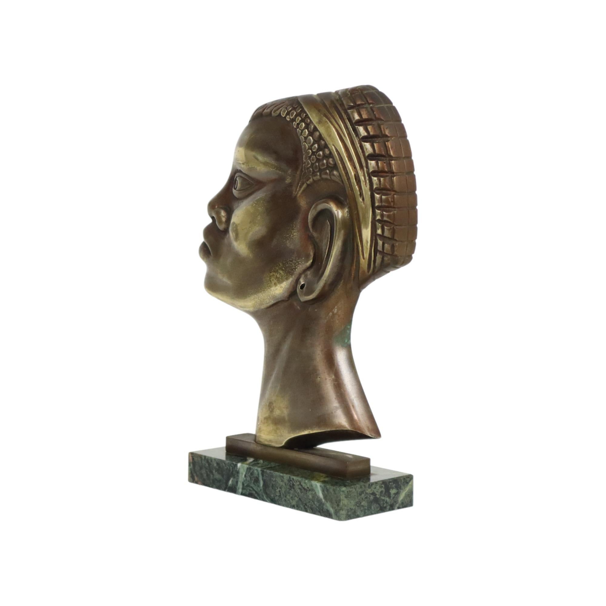 Art Deco Bronze Sculpture African Woman Green Marble Hagenauer For Sale 3