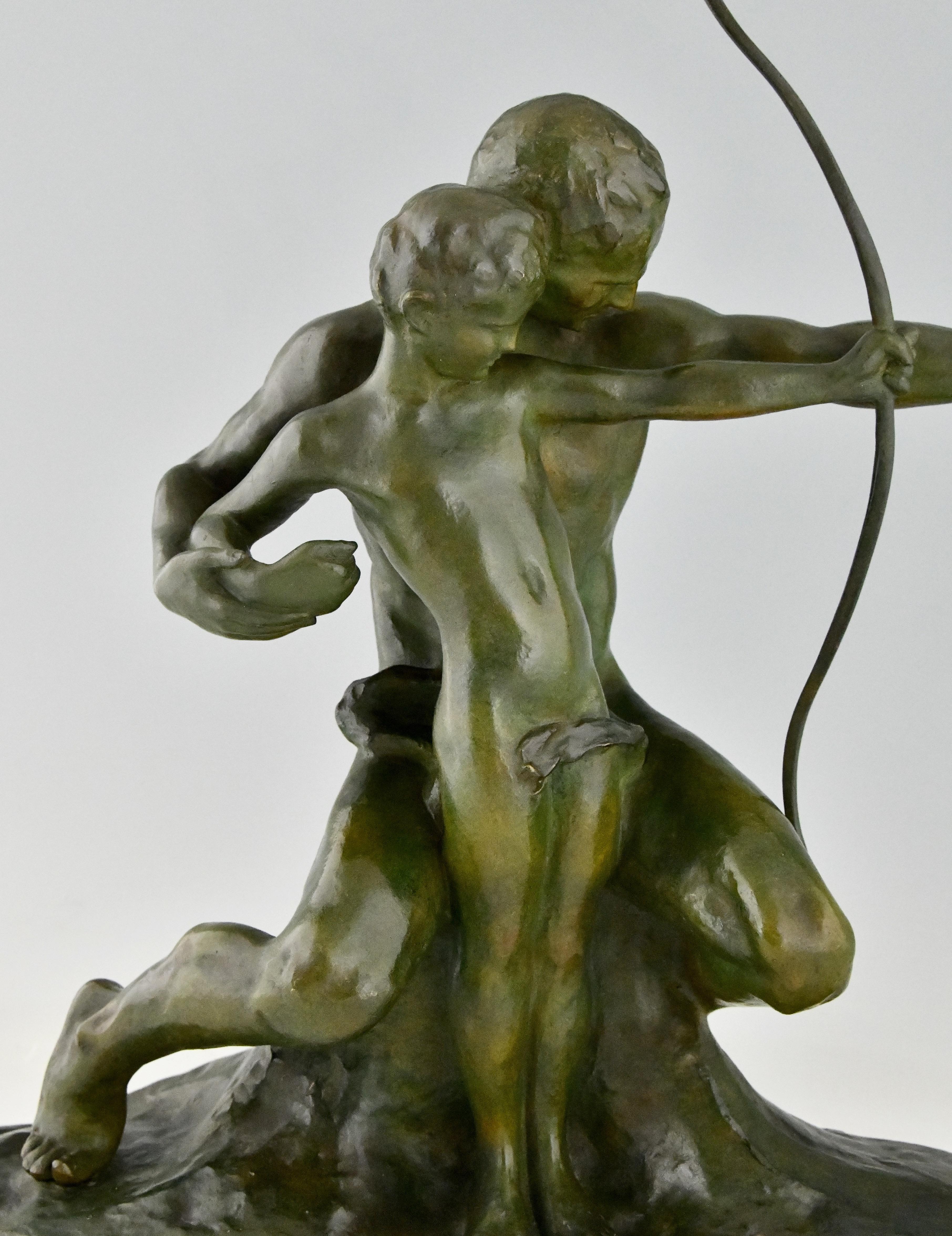 Art Deco Bronze Sculpture Archer Learning a Boy to Use a Bow by Gennarelli 1930 For Sale 1