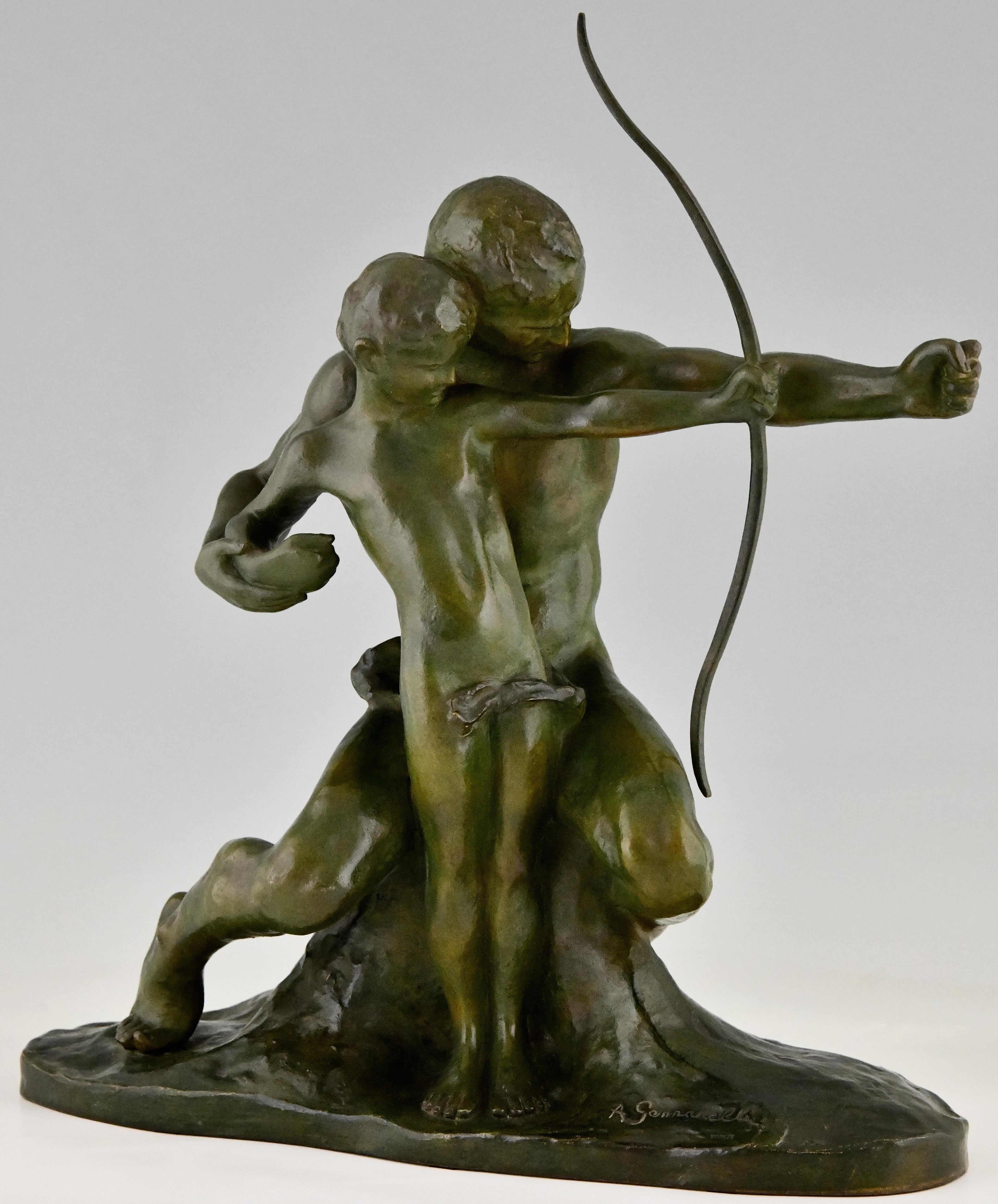 The young archer, Art Deco bronze sculpture of a boy learning to use a bow. By Amadeo Gennarelli, Born in Napels, worked in France. The bronze has a lively green patina, France ca. 1930.

Literature:
Art Deco sculpture by Victor Arwas, Academy.