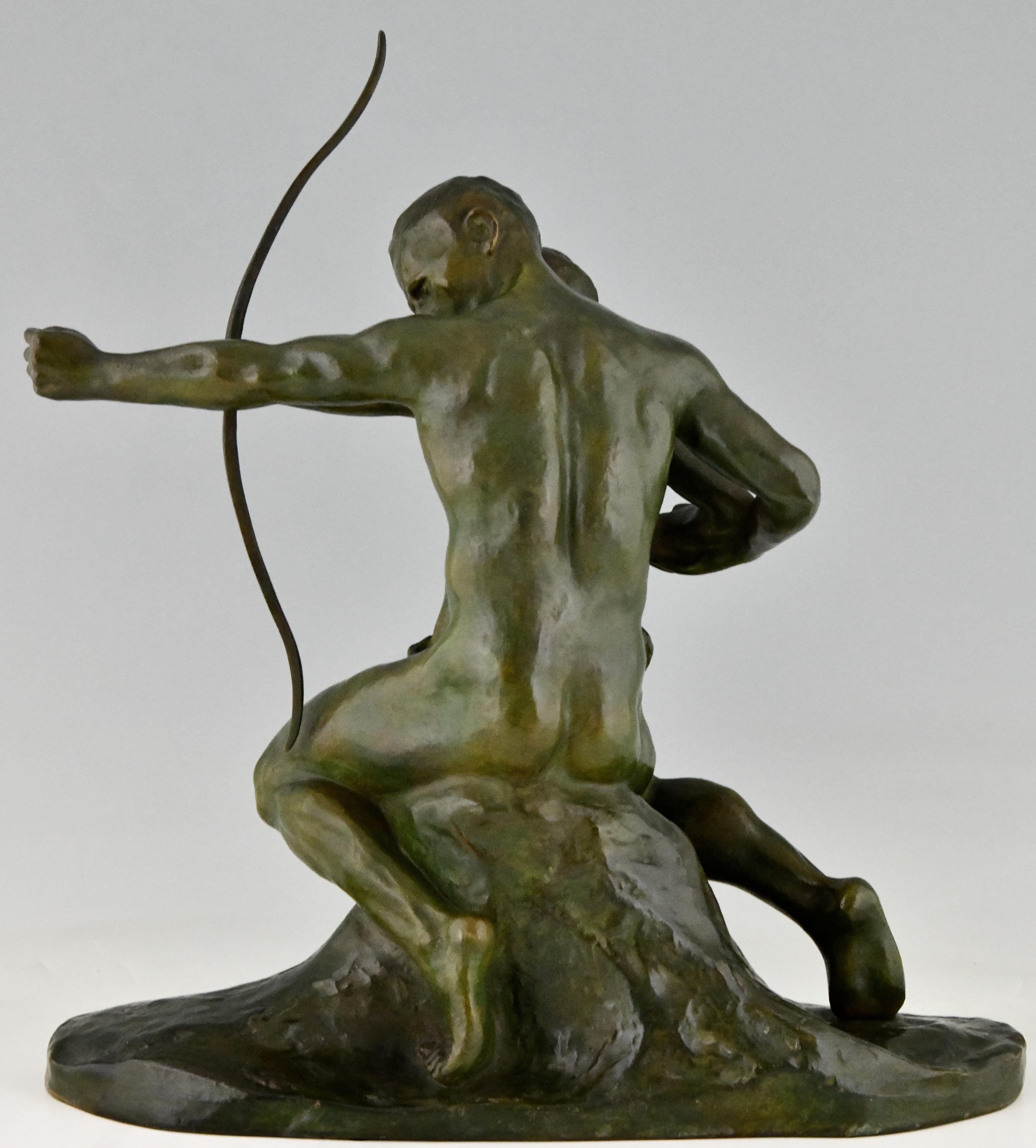 French Art Deco Bronze Sculpture Archer Learning a Boy to Use a Bow by Gennarelli 1930 For Sale
