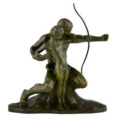 Vintage Art Deco Bronze Sculpture Archer Learning a Boy to Use a Bow by Gennarelli 1930