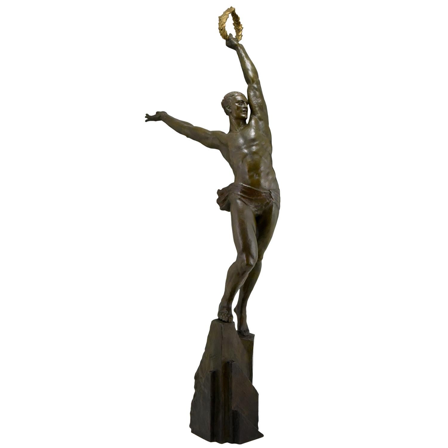 French Art Deco bronze sculpture athlete Pierre Le Faguays The Pinnacle 110 cm / 43