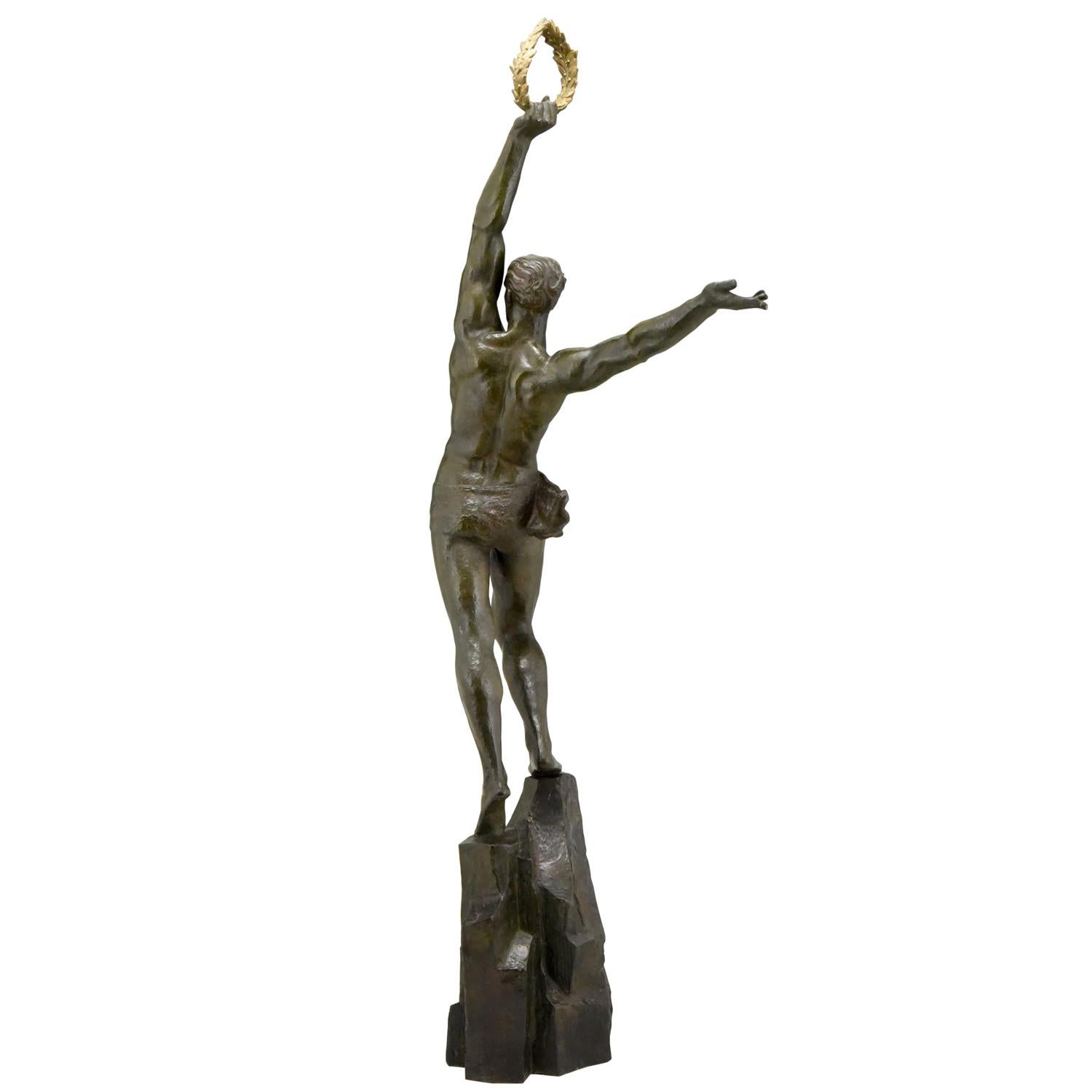 Art Deco bronze sculpture athlete Pierre Le Faguays The Pinnacle 110 cm / 43