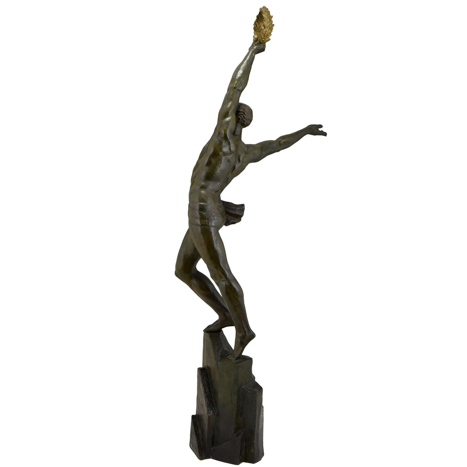 Early 20th Century Art Deco bronze sculpture athlete Pierre Le Faguays The Pinnacle 110 cm / 43