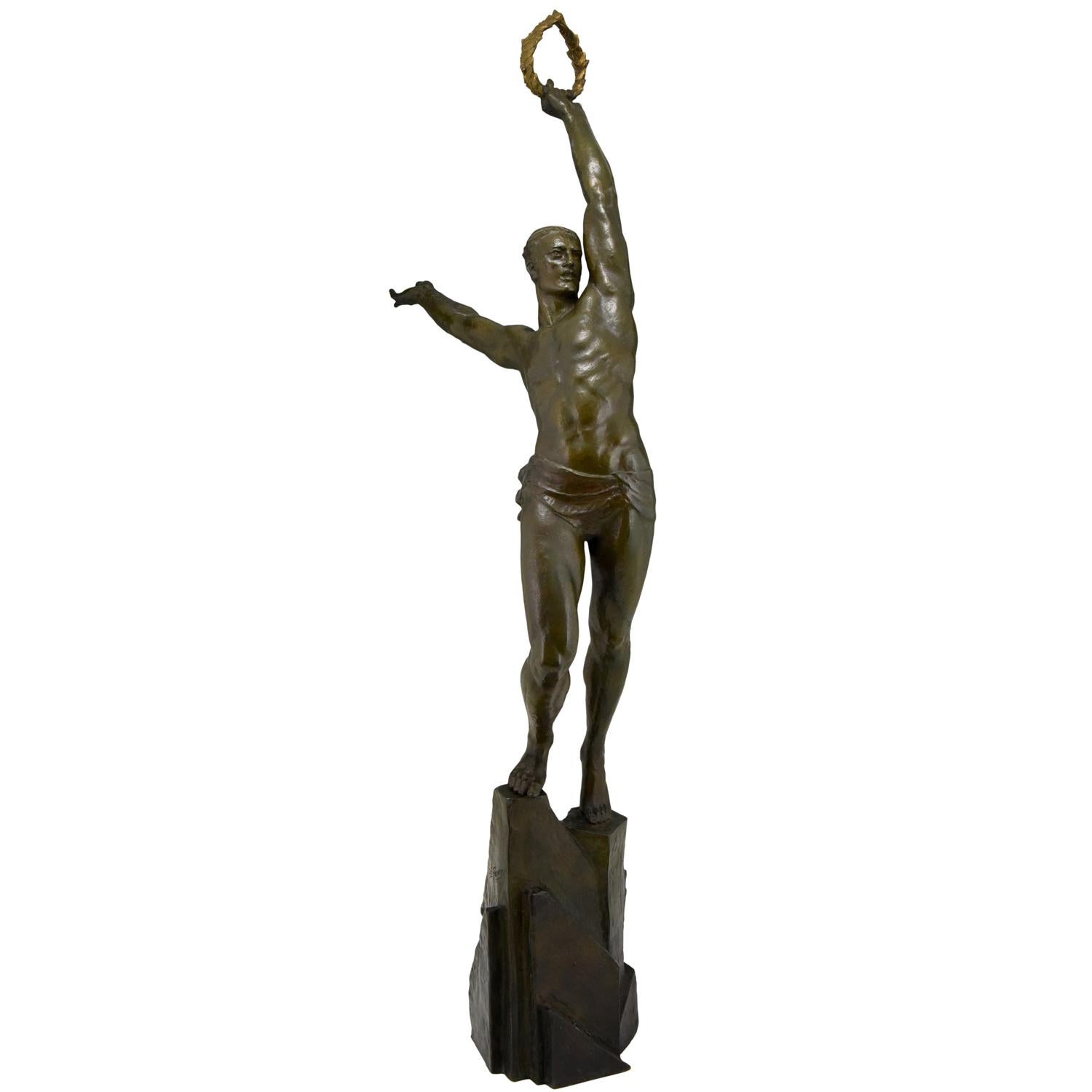 Art Deco bronze sculpture athlete Pierre Le Faguays The Pinnacle 110 cm / 43