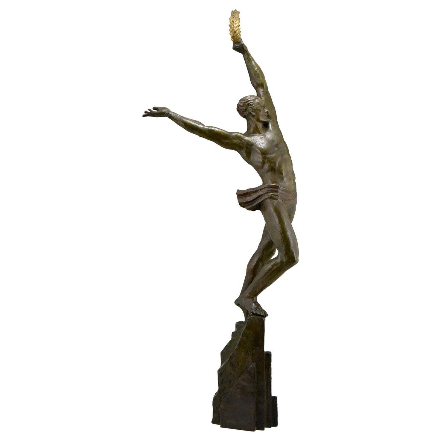 Art Deco bronze sculpture athlete Pierre Le Faguays The Pinnacle 110 cm / 43"