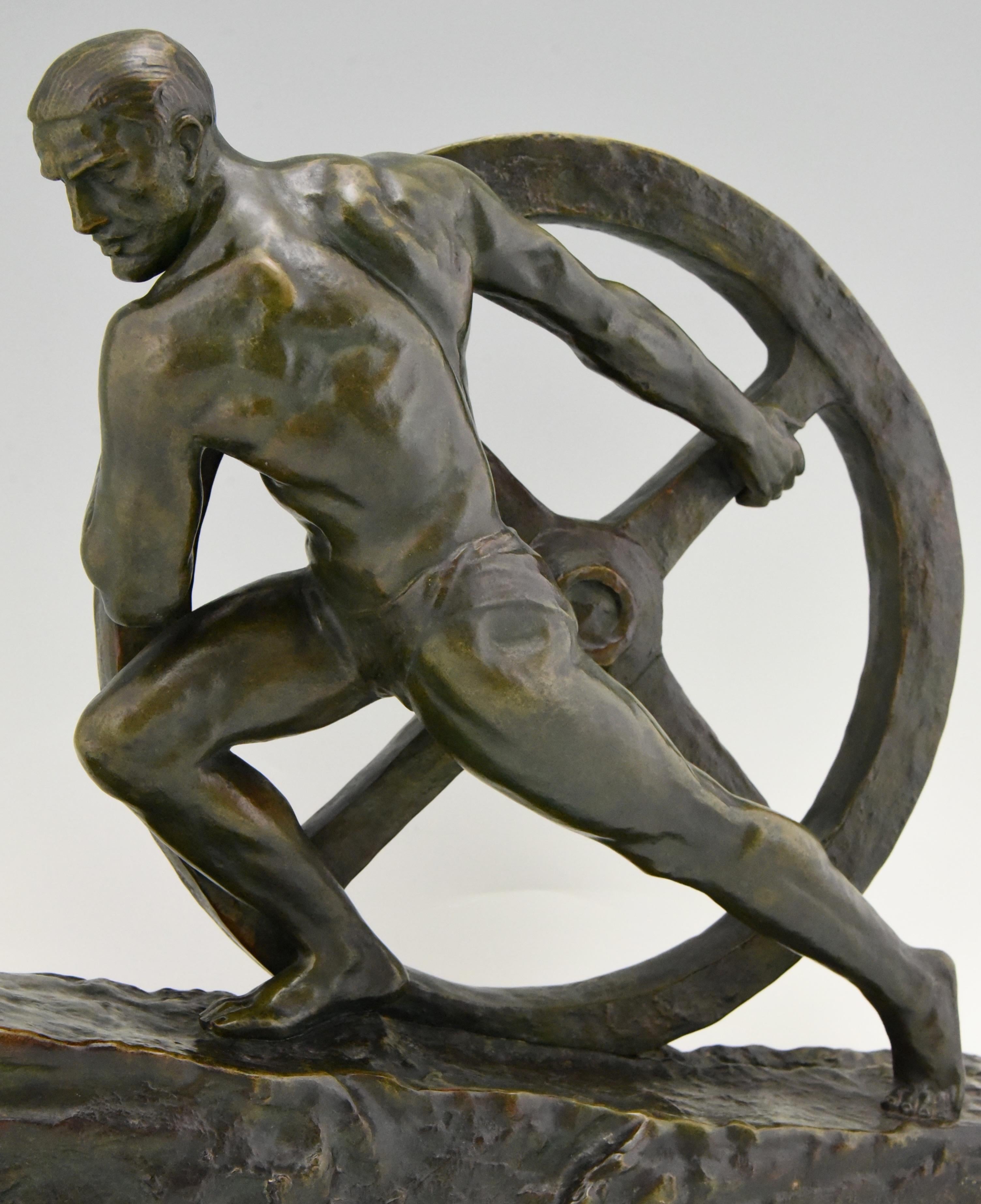 Art Deco Bronze Sculpture Athlete Pushing a Wheel Strength Pierre Le Faguays 4