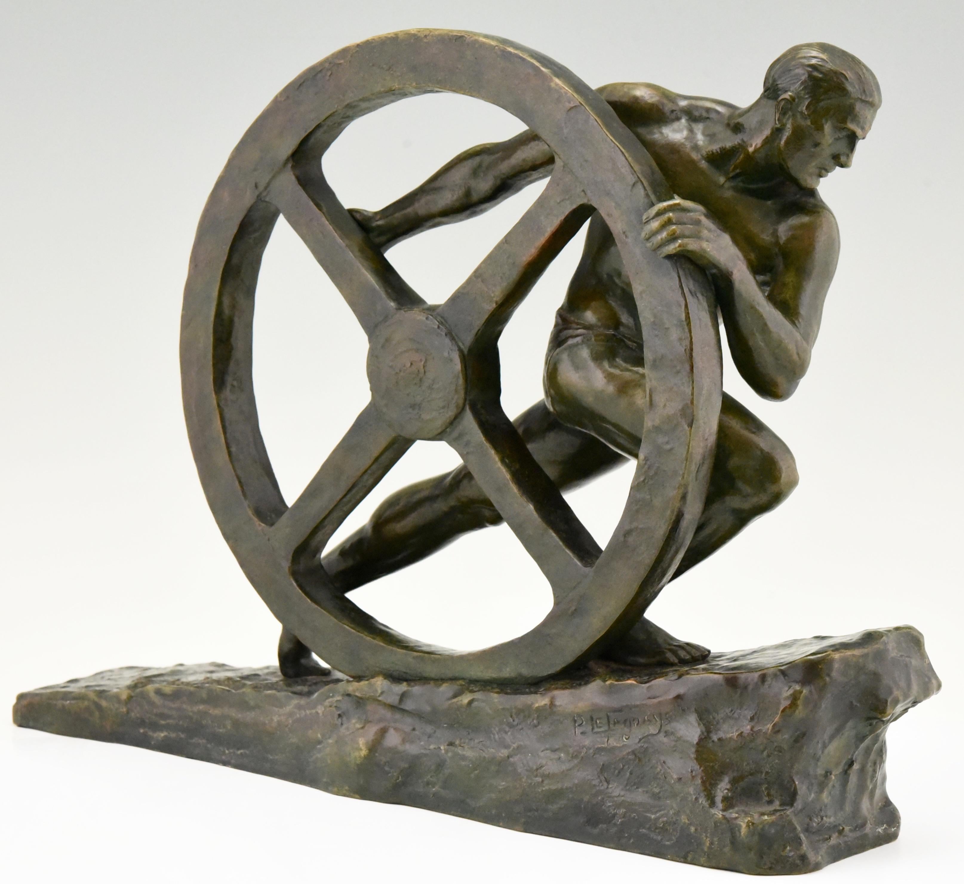 Art Deco Bronze Sculpture Athlete Pushing a Wheel Strength Pierre Le Faguays In Good Condition In Antwerp, BE