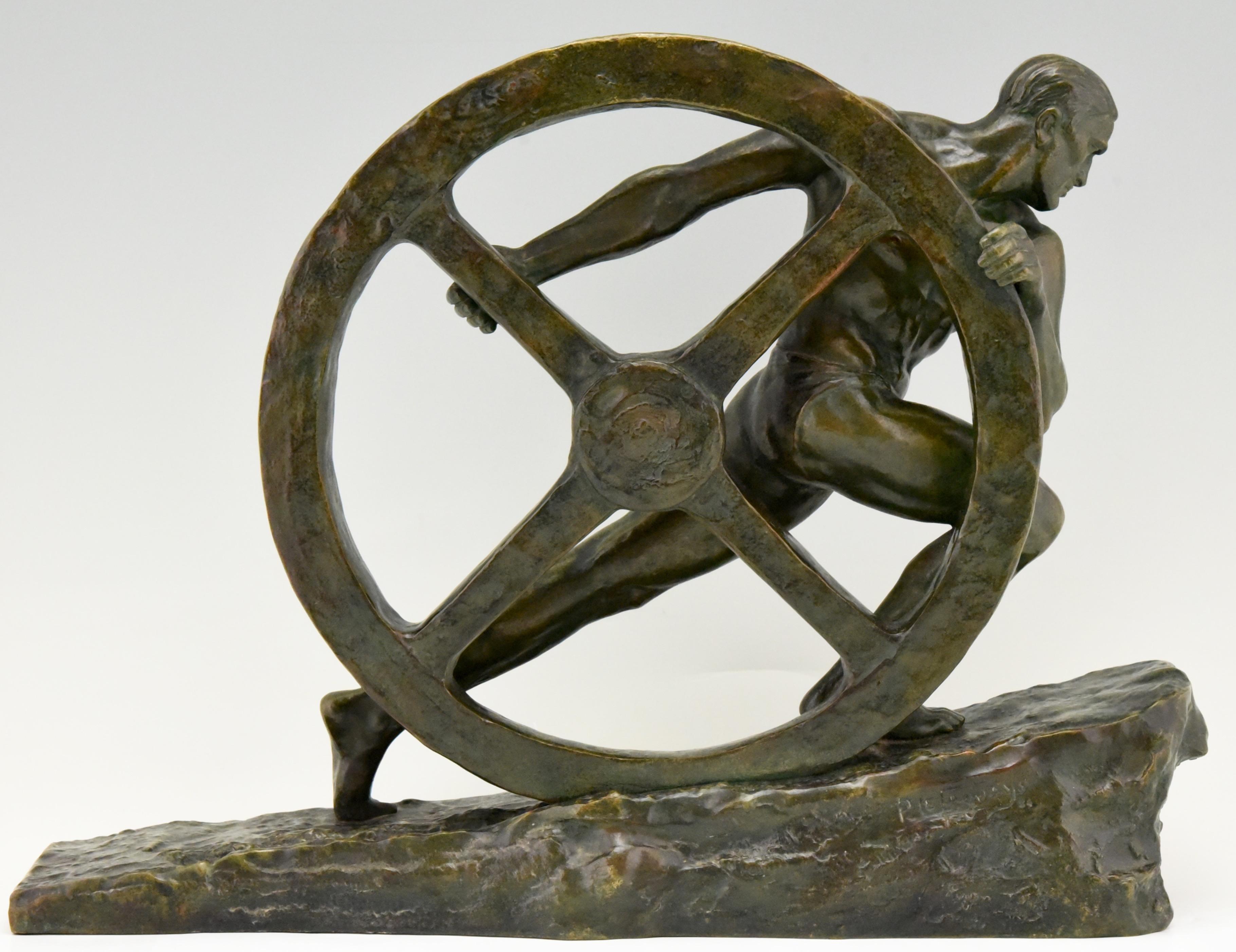 Mid-20th Century Art Deco Bronze Sculpture Athlete Pushing a Wheel Strength Pierre Le Faguays