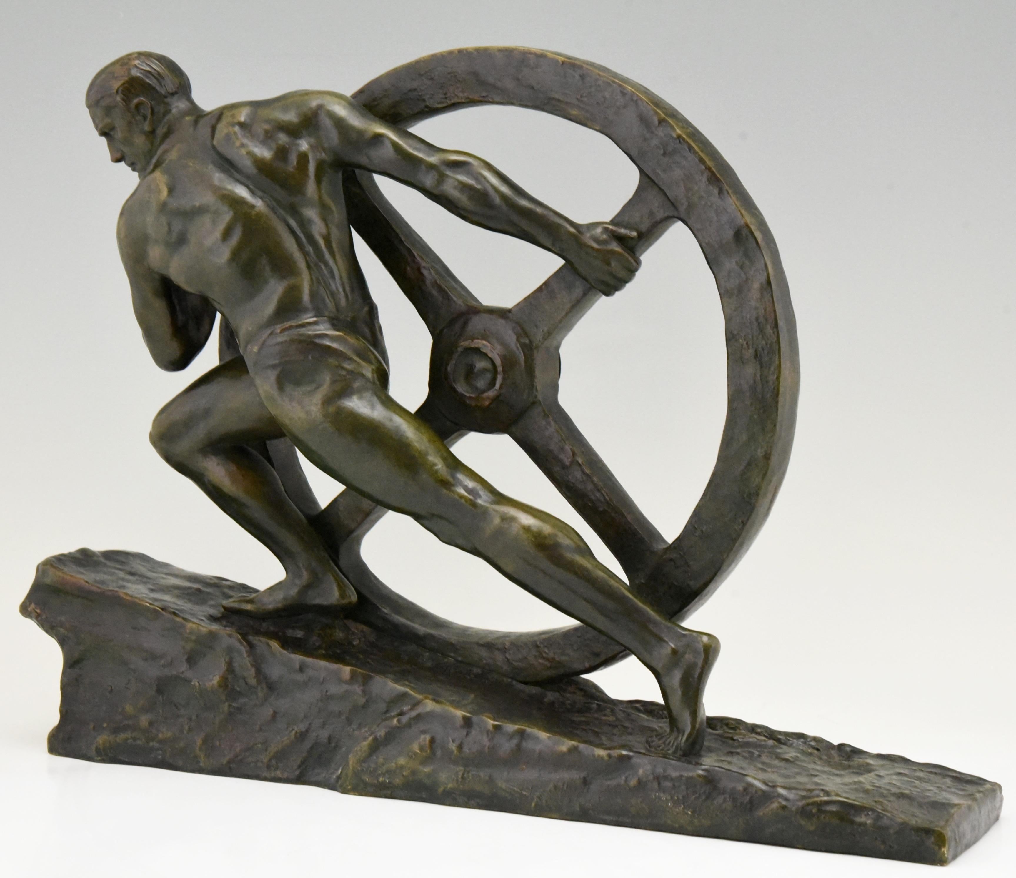 Art Deco Bronze Sculpture Athlete Pushing a Wheel Strength Pierre Le Faguays 3