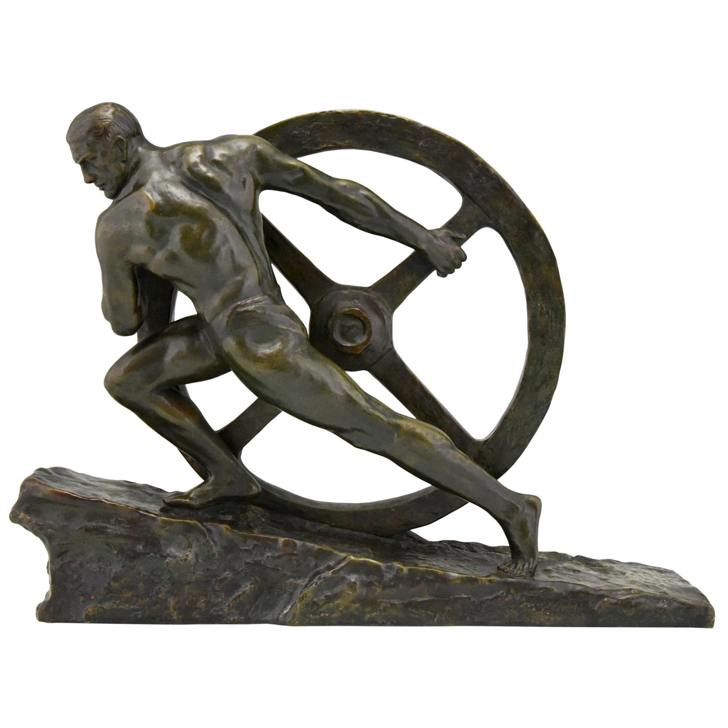Art Deco Bronze Sculpture Athlete Pushing a Wheel Strength Pierre Le Faguays