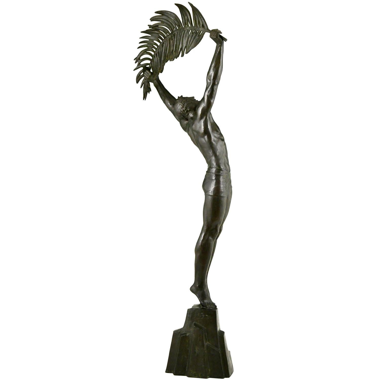 Patiné Sculpture Art Déco en bronze athlète Victoire Pierre le Faguays, Susse Frères H 41