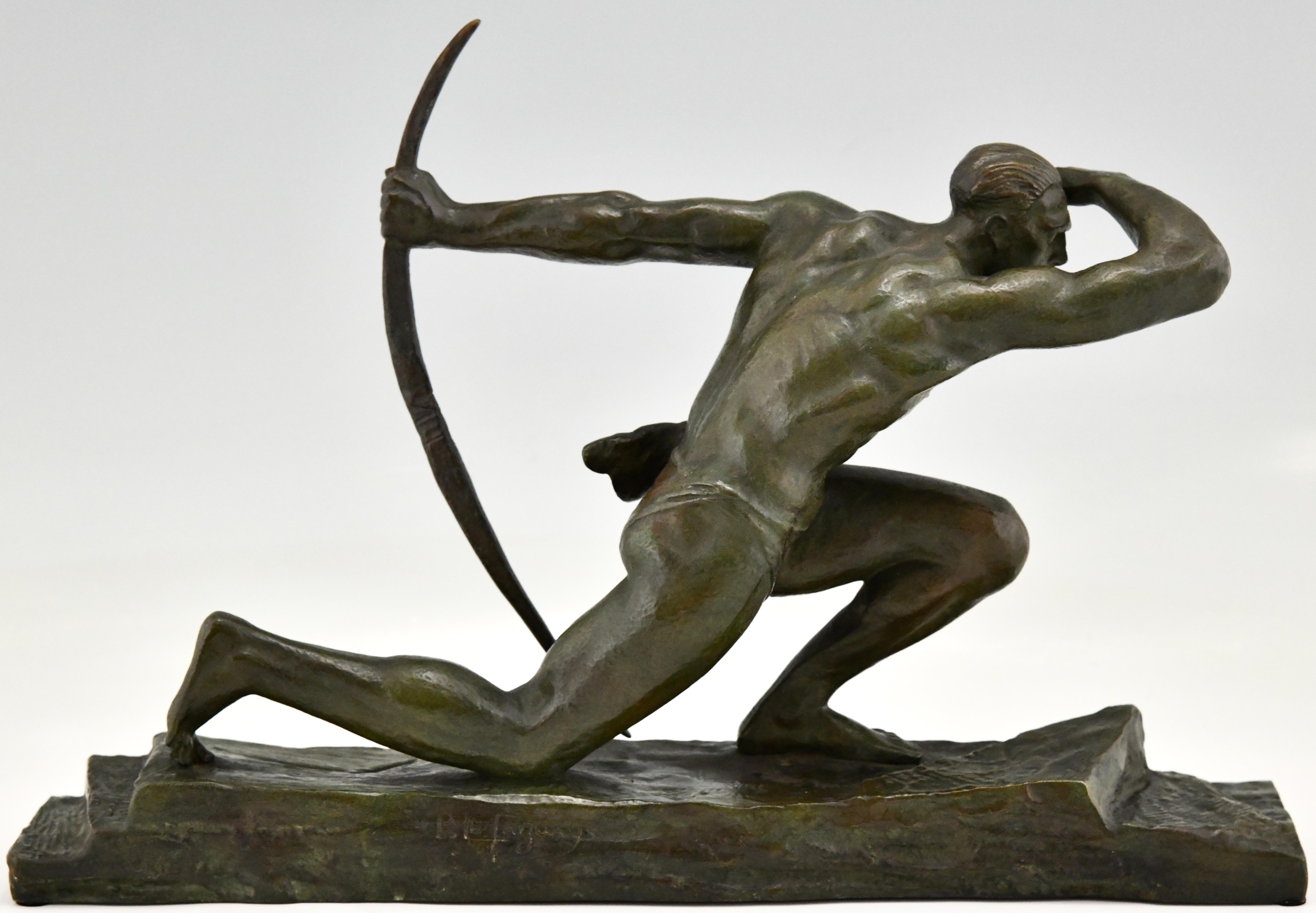 Mid-20th Century Art Deco Bronze Sculpture Athlete with Bow by Pierre Le Faguays France, 1930