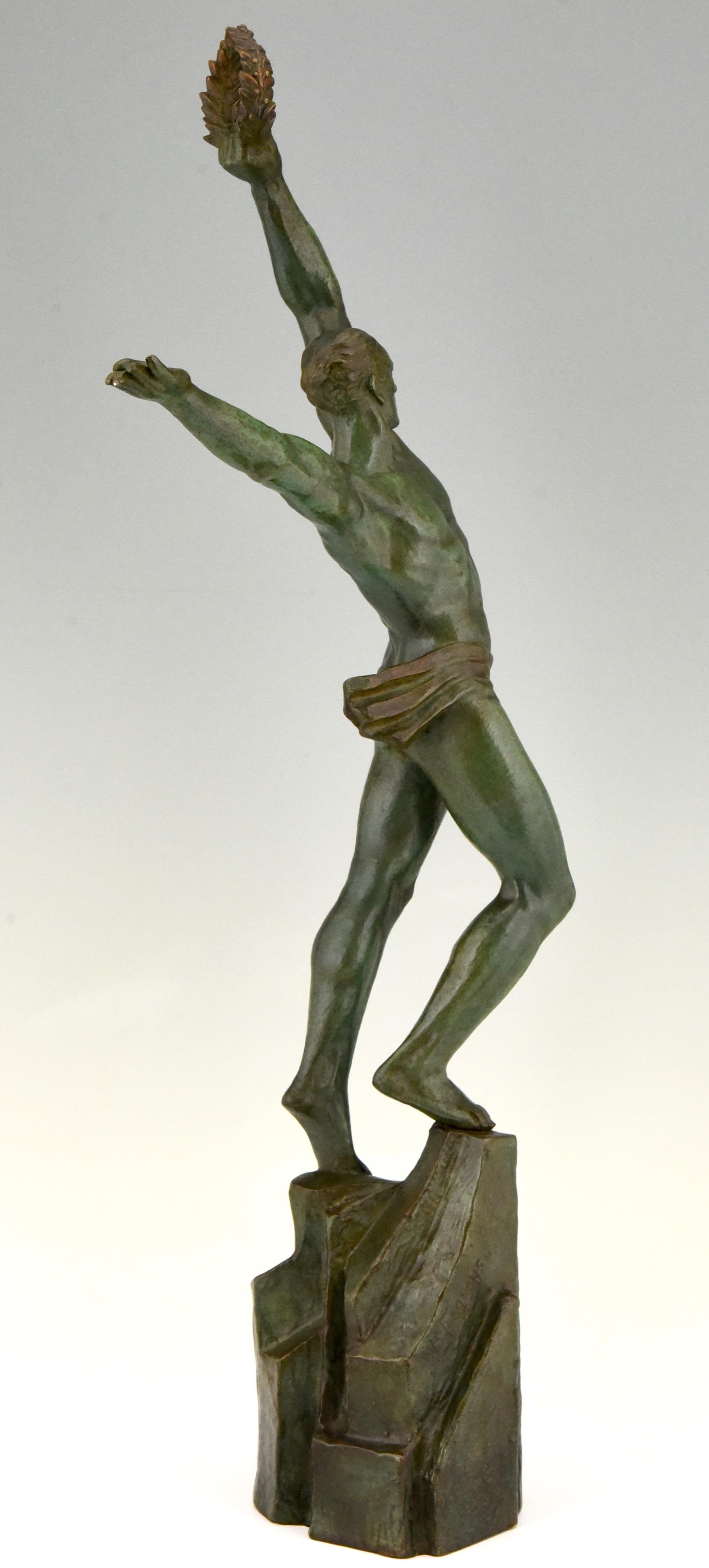 Early 20th Century Art Deco Bronze Sculpture Athlete with Laurel Wreath by Pierre Le Faguays, 1929