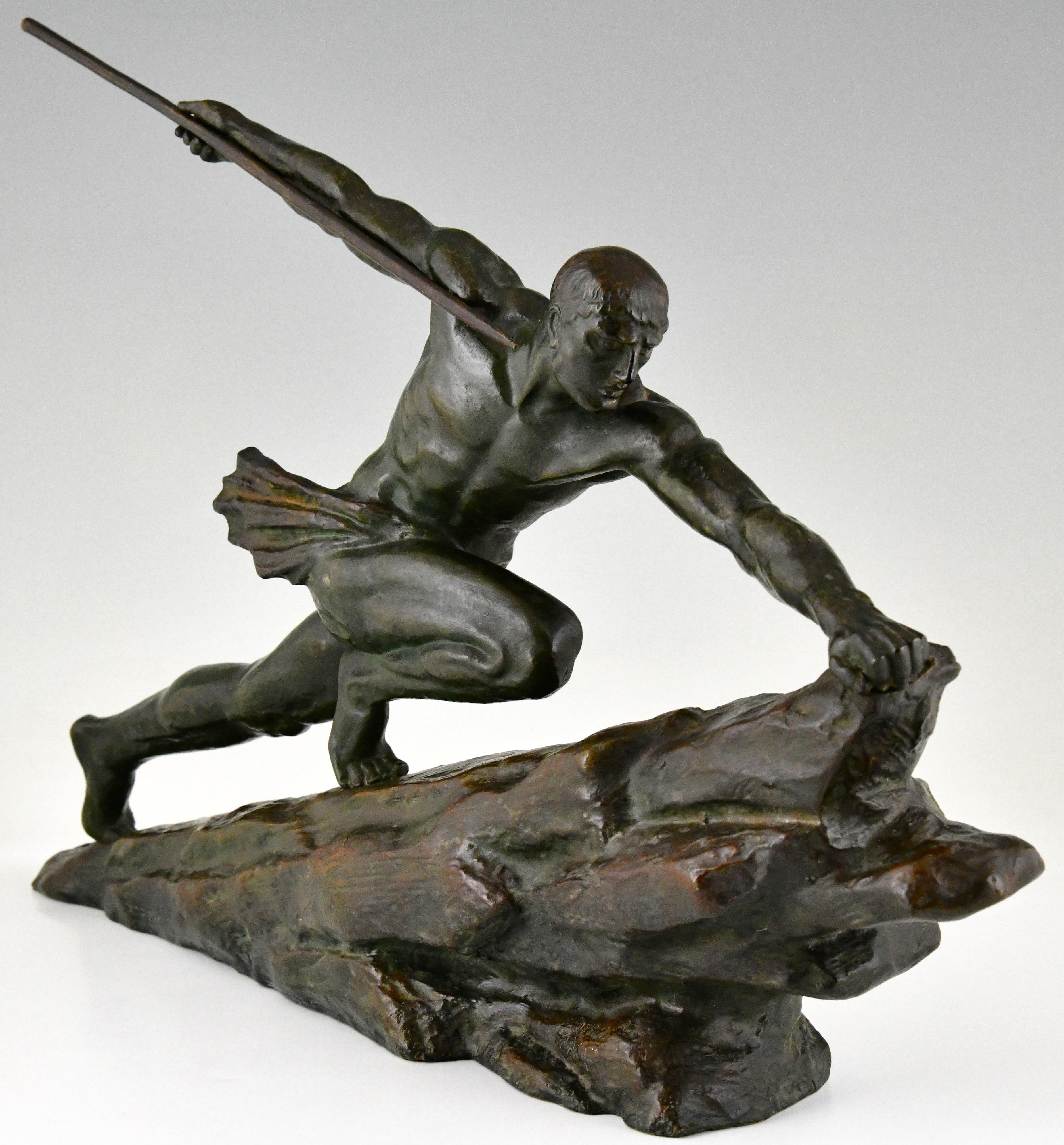 French Art Deco bronze sculpture athlete with spear by Pierre Le Faguays France 1927 For Sale