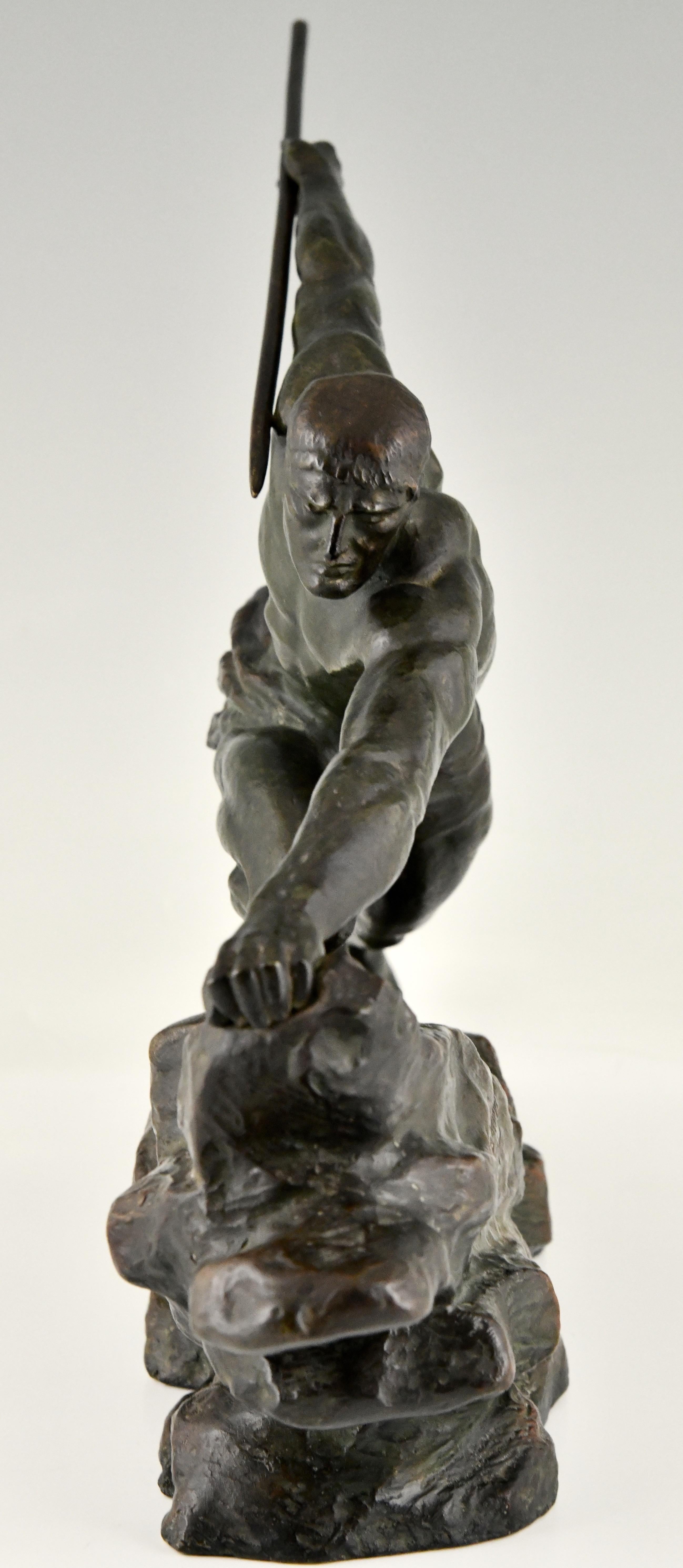 Patinated Art Deco bronze sculpture athlete with spear by Pierre Le Faguays France 1927 For Sale