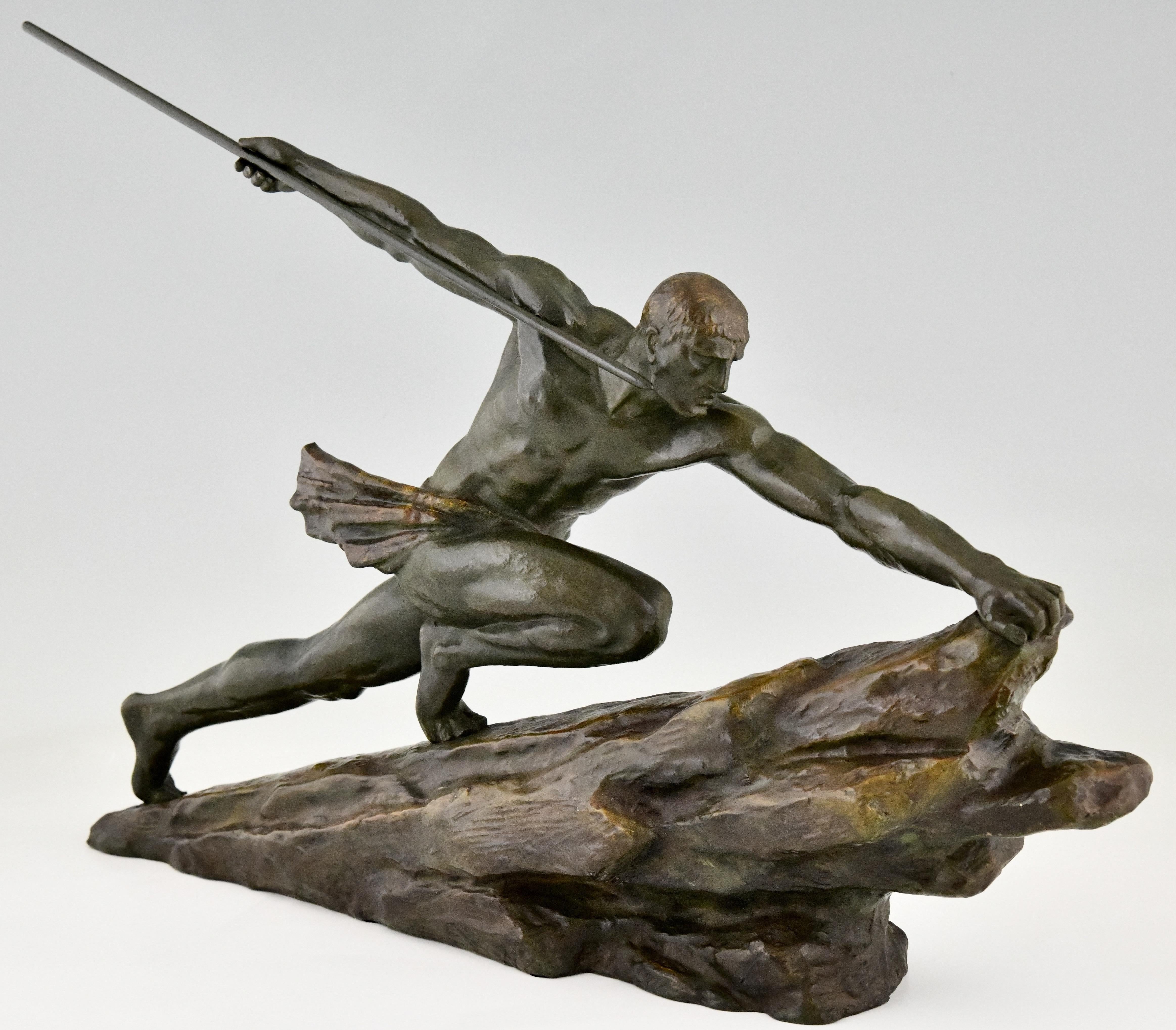 French Art Deco Bronze Sculpture Athlete with Spear Signed by Pierre Le Faguays 1927